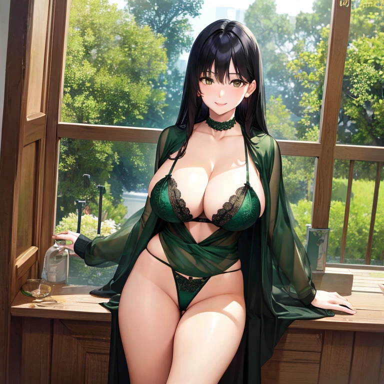 Black hair, brown eyes, large breasts, sexy, beautiful body, masterpiece, bedroom, green lingerie, green underwear, green bra, smile