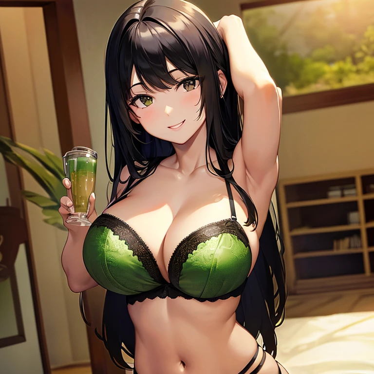 Black hair, brown eyes, large breasts, , beautiful body, masterpiece, bedroom, green lingerie, green underwear, green bra, smile