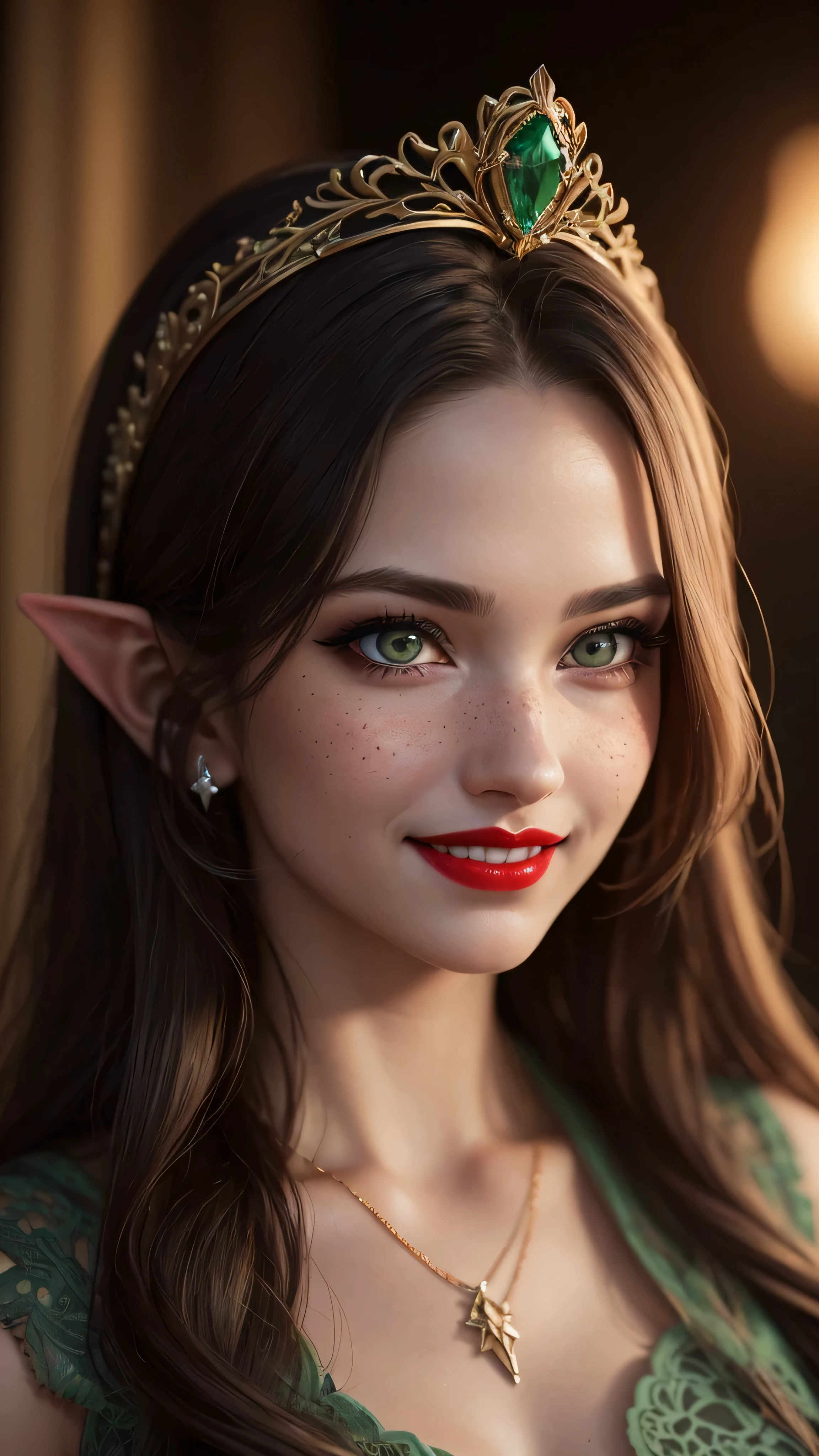 ((best quality: 1.5)) ((masterpiece: 0.8)), intricate details, sharp focus, professional, real life, realistic representation of the face, dim volumetric lighting, dynamic pose, in the style of realistic and hyper detailed renderings BREAK ((((detailed mature 40year elven woman, ((blackout gothic eye makeup, portrait, red lips, strong square cleft chin, smiling)), diamond tiara, golden hour), pale green eyes, long wavy white hair, green leather dress, emerald necklace), nose piercing), freckles: 0.9), photorealistic, hyper-realistic, 8K