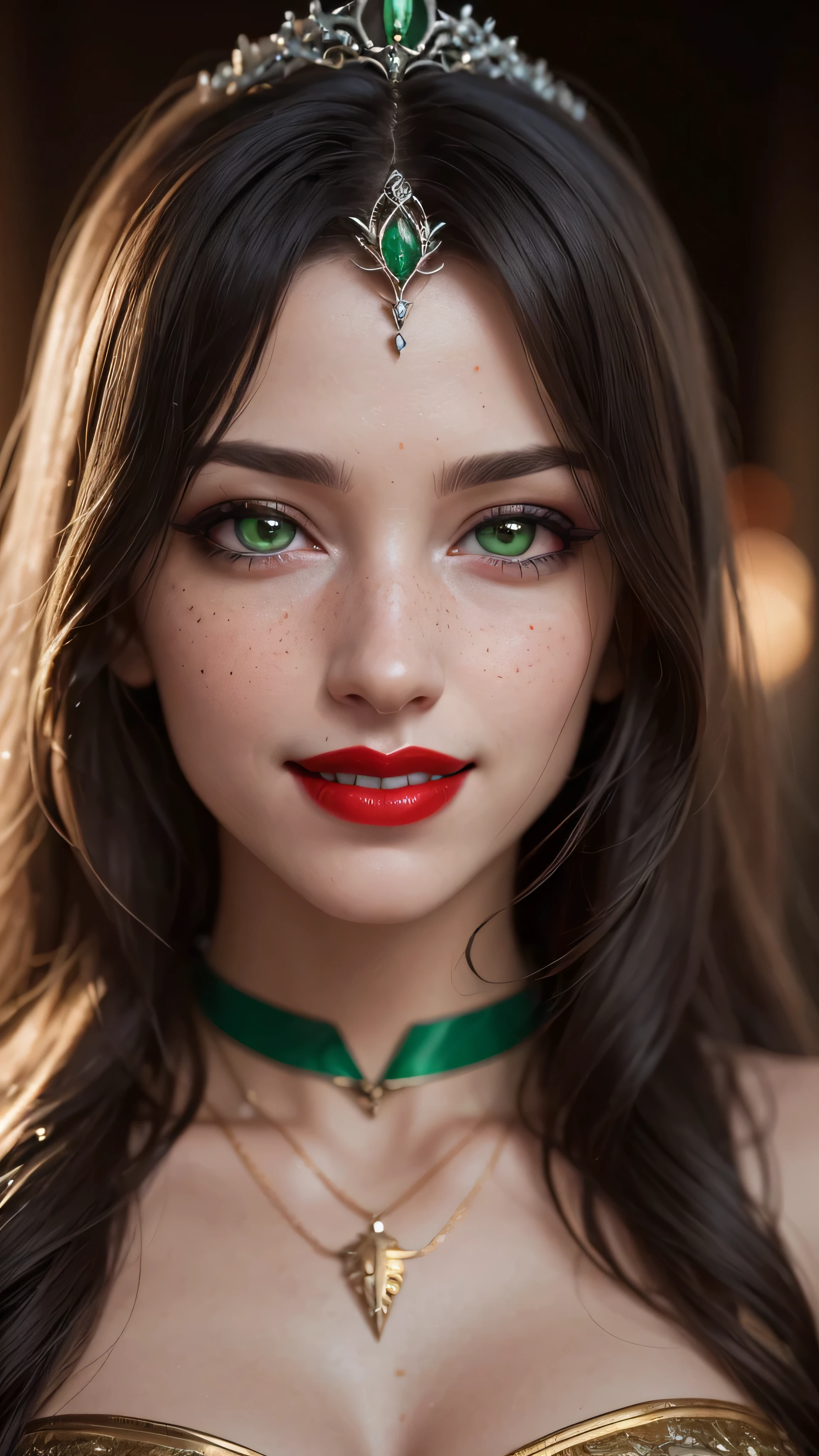 ((best quality: 1.5)) ((masterpiece: 0.8)), intricate details, sharp focus, professional, real life, realistic representation of the face, dim volumetric lighting, dynamic pose, in the style of realistic and hyper detailed renderings BREAK ((((detailed mature 40year elven woman, ((blackout gothic eye makeup, portrait, red lips, strong square cleft chin, smiling)), diamond tiara, golden hour), pale green eyes, long wavy white hair, green leather dress, emerald necklace), nose piercing), freckles: 0.9), photorealistic, hyper-realistic, 8K