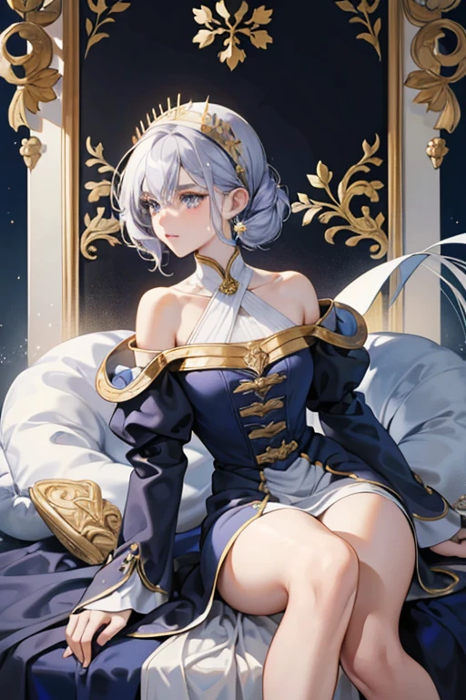 anime - (masterpiece), best quality, seductive eyes, mature face, short straight white hair, bare legs, skirt, white coat, full body, tall woman, long legs, adult-like female, 1girl, determined face, victorian era, open legs while sitting, panties
