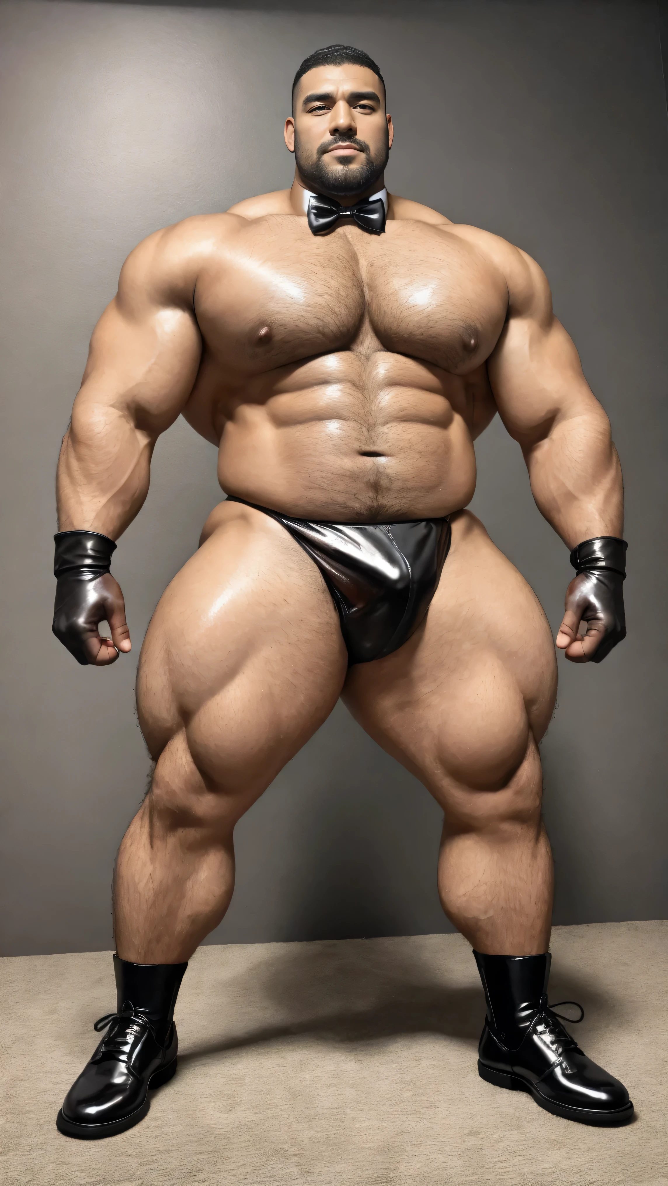 There is only one person in the picture，a chinese bodybuilder，35 years old，Tall, mighty and handsome，standing in front of gray background board，Paired with black glossy leather bow tie，short hair, O-shaped beard，Perfect body, Dark and shiny complexion，Muscle bulge, muscular, Very big pecs，Very sexy abs，Leg muscles are very developed，Tall and burly，Huge bumpy area，Brighten oily skin，Black leather shiny leather gloves, Wearing a gold leather shiny thong, Wear black leather shoes to shine，handsome face，detailed facial features, Correct and accurate male anatomy, full-body shot, Large pecs, Wet oil wax gloss for oily muscles and skin，Professional photography。