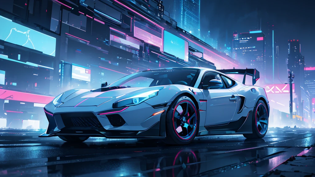(white supercar), (cyberpunk city, blue neon, starry sky, northern lights), (8k, extremaly detailed, lighting like a movie, lense flares)