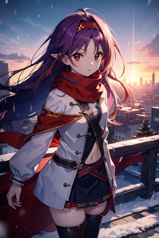 Yuuki Konno, Yuki Konno, hair band, long hair, pointed ears, purple hair, (red eyes:1.5), (small breasts:1.2),Scarf, Pink long coat,sweater,short denim pants,Black pantyhose,short boots,breaking looking at viewer, Upper body, whole body,
break outdoors, In town,winter,Break the falling snow (masterpiece:1.2), highest quality, High resolution, unity 8k wallpaper, (figure:0.8), (beautiful and fine eyes:1.6), highly detailed face, perfect lighting, Very detailed CG, (perfect hands, perfect anatomy),
