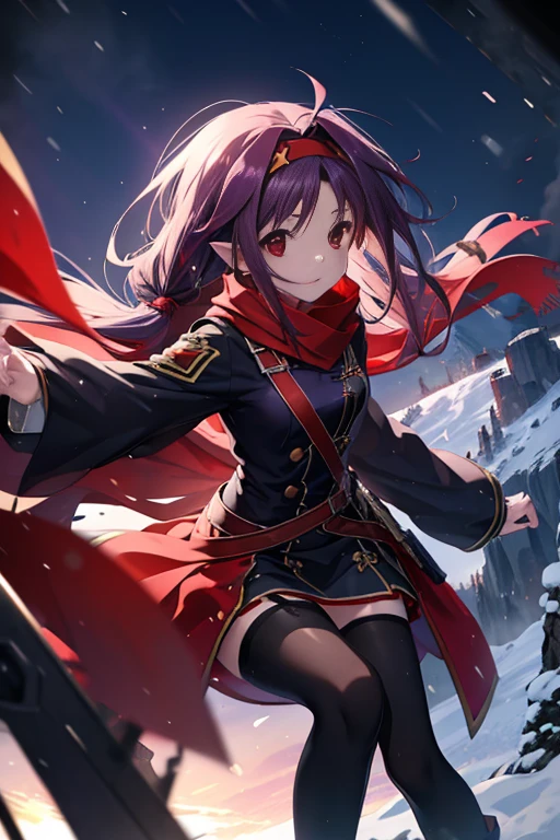 Yuuki Konno, Yuki Konno, hair band, long hair, pointed ears, purple hair, (red eyes:1.5), (small breasts:1.2),Scarf, Pink long coat,sweater,short denim pants,Black pantyhose,short boots,breaking looking at viewer, Upper body, whole body,
break outdoors, In town,winter,Break the falling snow (masterpiece:1.2), highest quality, High resolution, unity 8k wallpaper, (figure:0.8), (beautiful and fine eyes:1.6), highly detailed face, perfect lighting, Very detailed CG, (perfect hands, perfect anatomy),