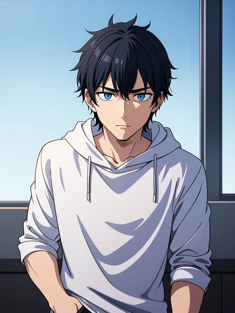 Ethan is a modern adult with an unassuming appearance. His messy, jet-black hair partially covers his piercing, sapphire eyes that often reflect the turmoil within. He has a muscular build, and his clothing style leans towards dark, muted colors. Ethan's expression is guarded, with a hint of weariness that speaks to the burdens he carries.