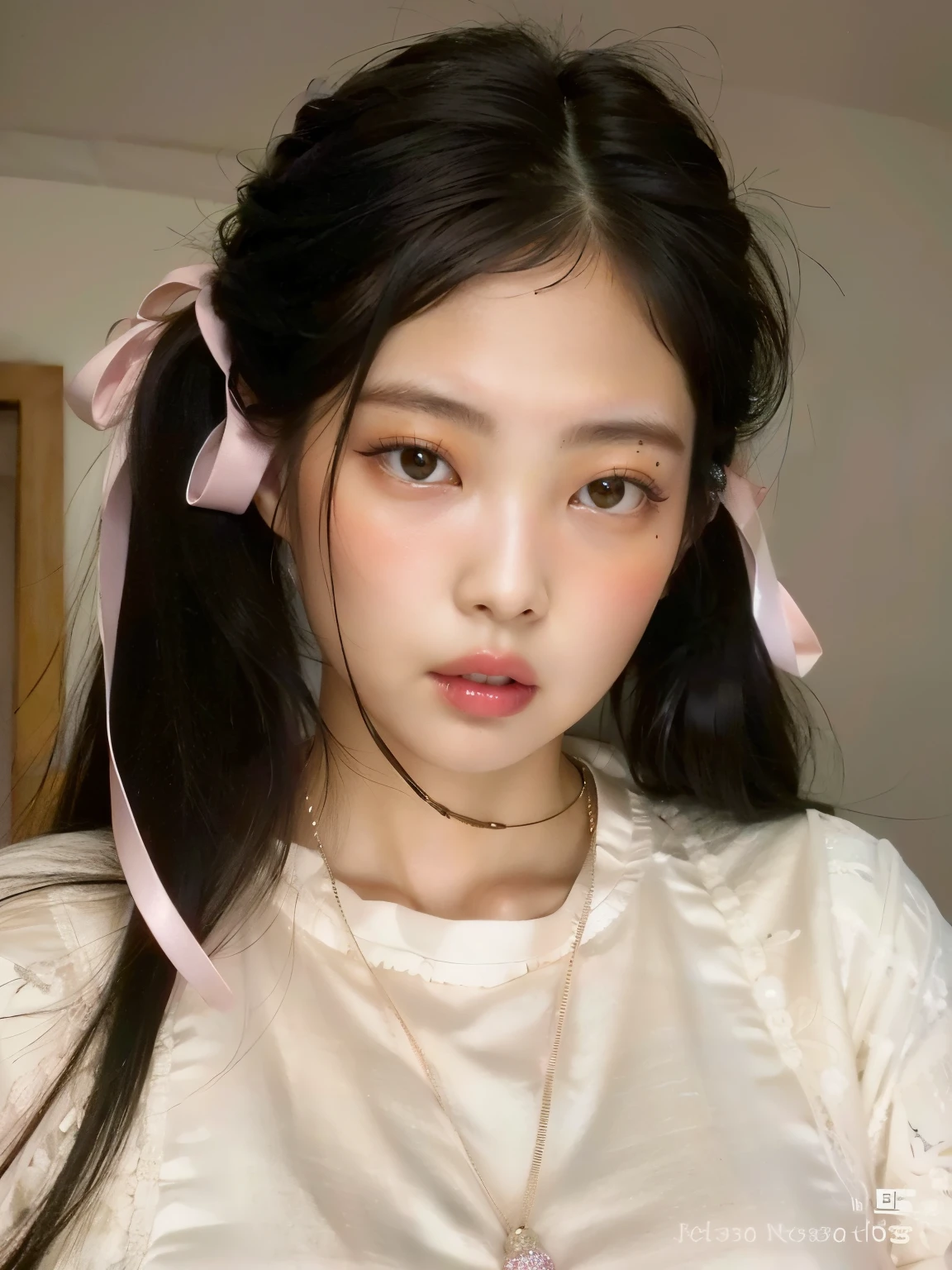 Hay una mujer con un lazo rosa en la cabeza, jennie rosa negro, ulzzang, joven y adorable rostro coreano, pale korean adorable face, muchacha coreana, peinado de coletas, rasgos de la cara coreana, hermosa mujer surcoreana, two peinado de coletas, jossi de blackpink, Young cute pale asian face, maquillaje popular de corea del sur, con coletas negras, jaeyeon nam