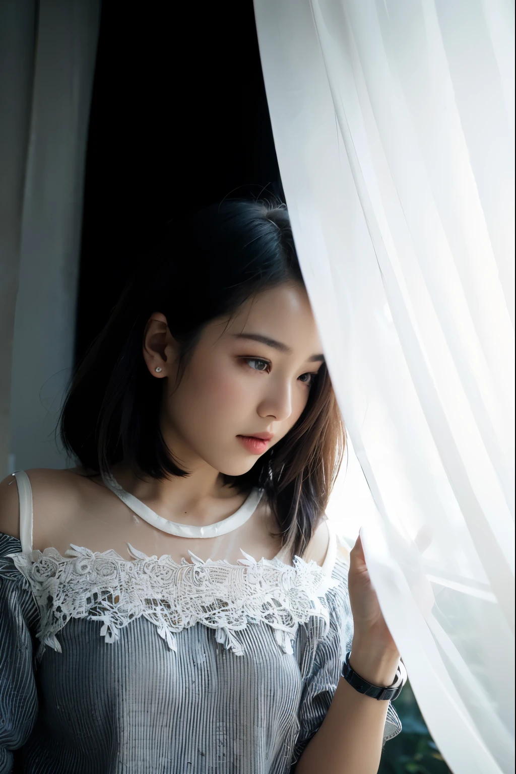 (masterpiece, best quality, hires, high resolution:1.2), (extremely detailed, intricate details, highres), (medium close-up:1.2) portrait on a (Tokyo street sunny background:1.2), (medium shot:1.2), (face focus:1.1), (soft focus:1.2), low lighting, (out of focus:1.2), bokeh, f1.4, 40mm, photorealistic, raw, 8k, ((textured skin:1.1, skin pores:0.3, realistic skin:1.1)), intricate details, 1girl, (ultra sharp image), black hair, perma straight hair style, very beautiful girl,