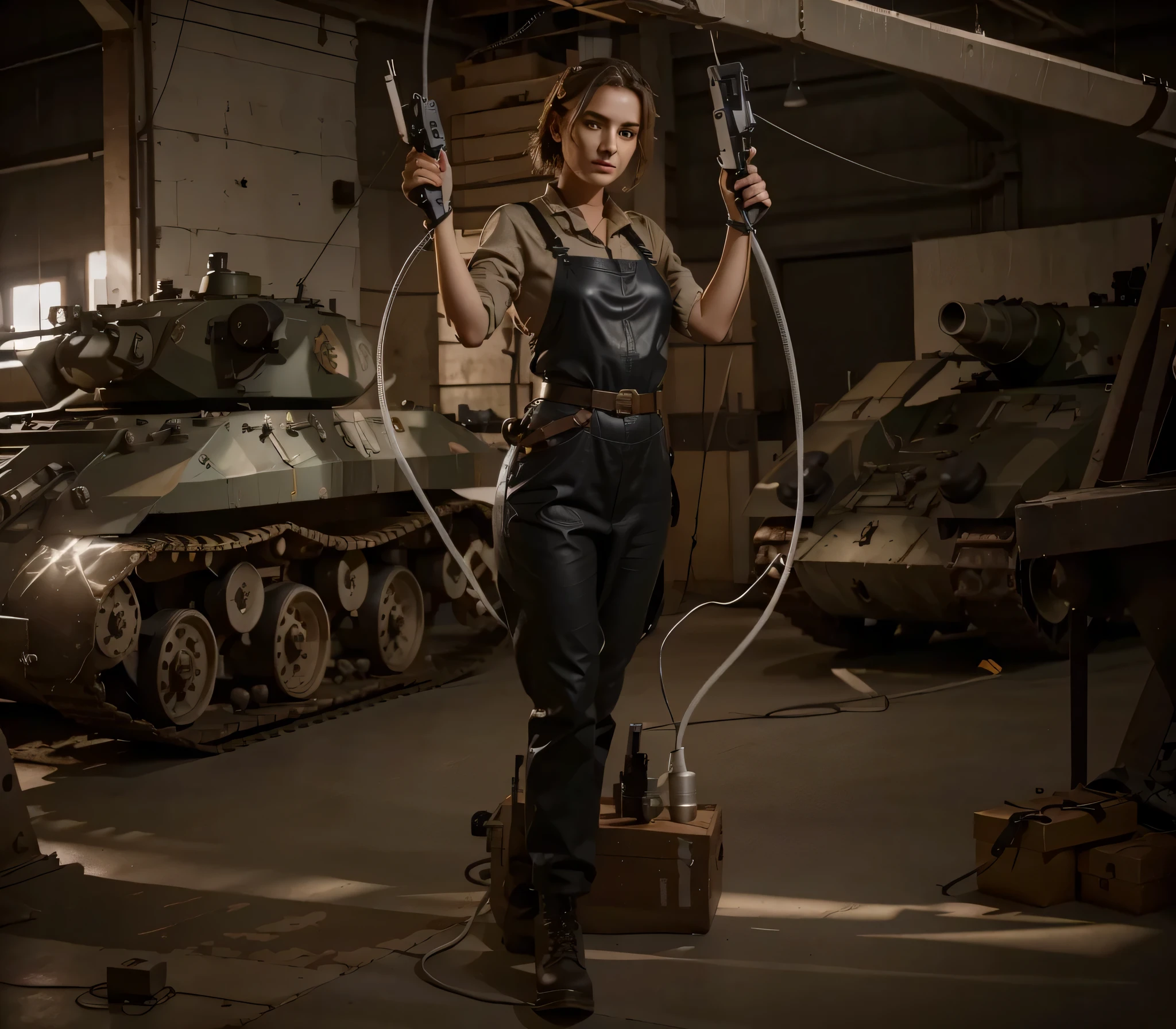 Mujer soldado muy hermosa, cara estereotipada alemana, happy expression, pelo corto rojo natural, ojos azules, pale white skin, WWII German Style Gray Cloth Military Mechanic Overalls with Black Leather Apron, guantes de cuero negro, ammunition belt with holster, botas militares negras, Electrical electrodes from which cables come out., The cables are connected to an electric battery., Tubos y cables, It is in a modern military hangar., Puedes ver tanques alemanes al fondo., luz baja, ultra detallado, Hyper realistic, 4k, ultra detallado image, Realista, muy detallado, perfect composition, gorgeous, Intrincadamente detallado, incredibly detailed, 8 k artistic photography, hiper detallado, obra maestra, ultra detallado, hyper Realista, 4k, ultra detallado image, Realista, muy detallado, perfect composition , gorgeous, Intrincadamente detallado, incredibly detailed, 8 k artistic photography, hiper detallado, obra maestra