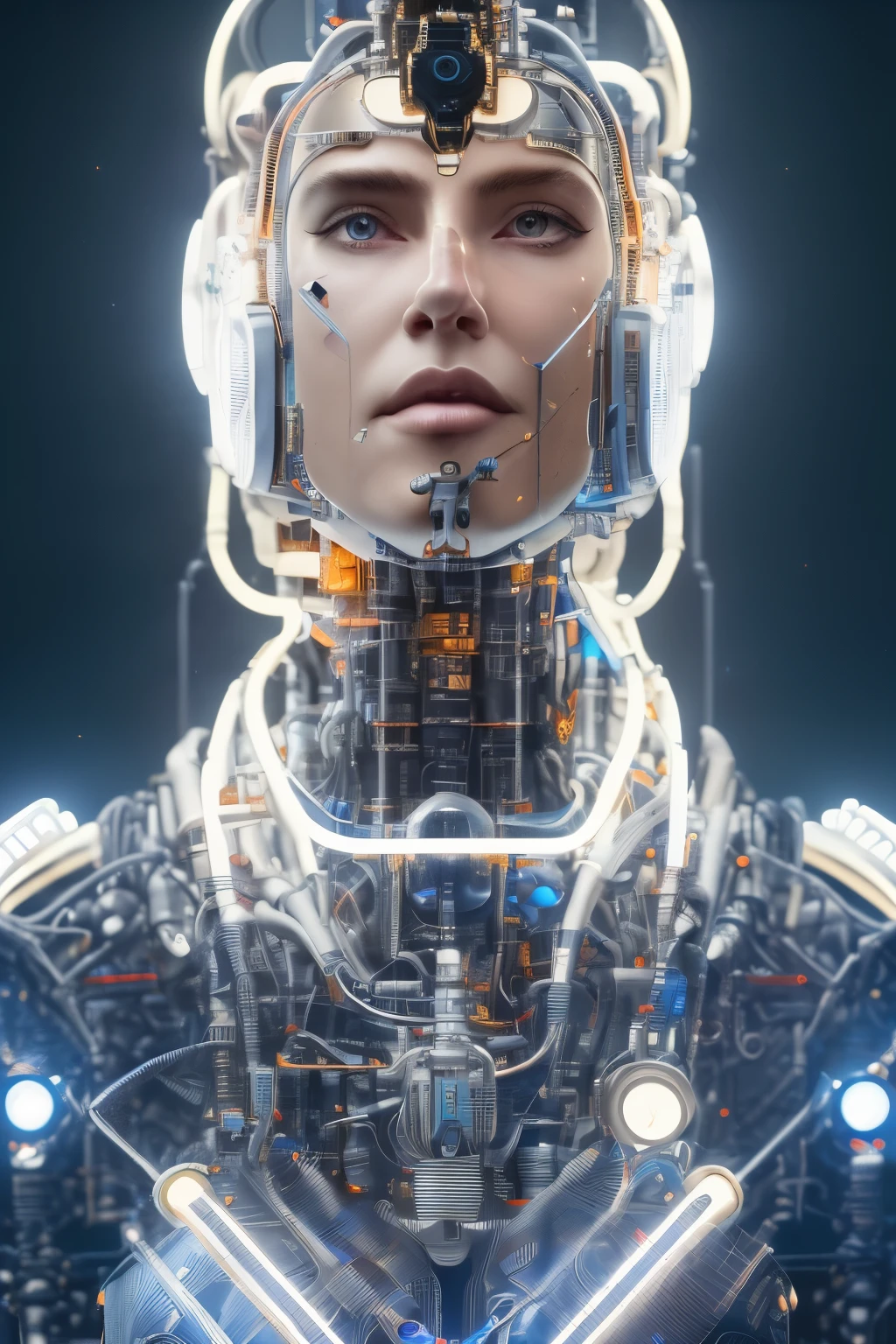full body cyborg| retrato de cuerpo entero| cara detallada| Symmetrical| steampunk| ciberpunk| cyborg| intrincado detallado| a escala| Hyper realistic| cinematic lighting| arte digital| arte conceptual| estilo mdjrny-v4