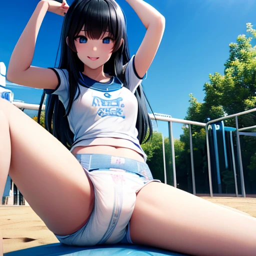 cute kpop girl, pee diaper, wet diaper, tight diaper, full diaper, smile, dark blue eyes, long hair, black hair, playground, sunny, outside, playplace, sand, beach, waterpark, amusement park, realistic, 3d, 2.5d, photorealistic, 3d render, 