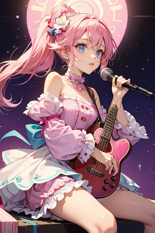 Parfait Cookie is a slim Cookie of average height with vivid peachy skin. While in her stage getup, Parfait Cookie has white, puffy hair styled in a half-up half-down hairstyle with many toppings, along with pink syrup. The body of the two-stringed guitar she holds is carnation pink, with magenta tuning keys; it also looks to have a waffle-cone texture. She has vibrant blue eyes with big, bushy eyelashes. She wears a white cold-shouldered tube top with thin blue straps and oversized sleeves ending with a pink gradient and scallop pattern, a red skirt with a white waistband and brown detailing at the hem, and a pair of boots; one of them pink and the other black with pink laces. glitter, jelly