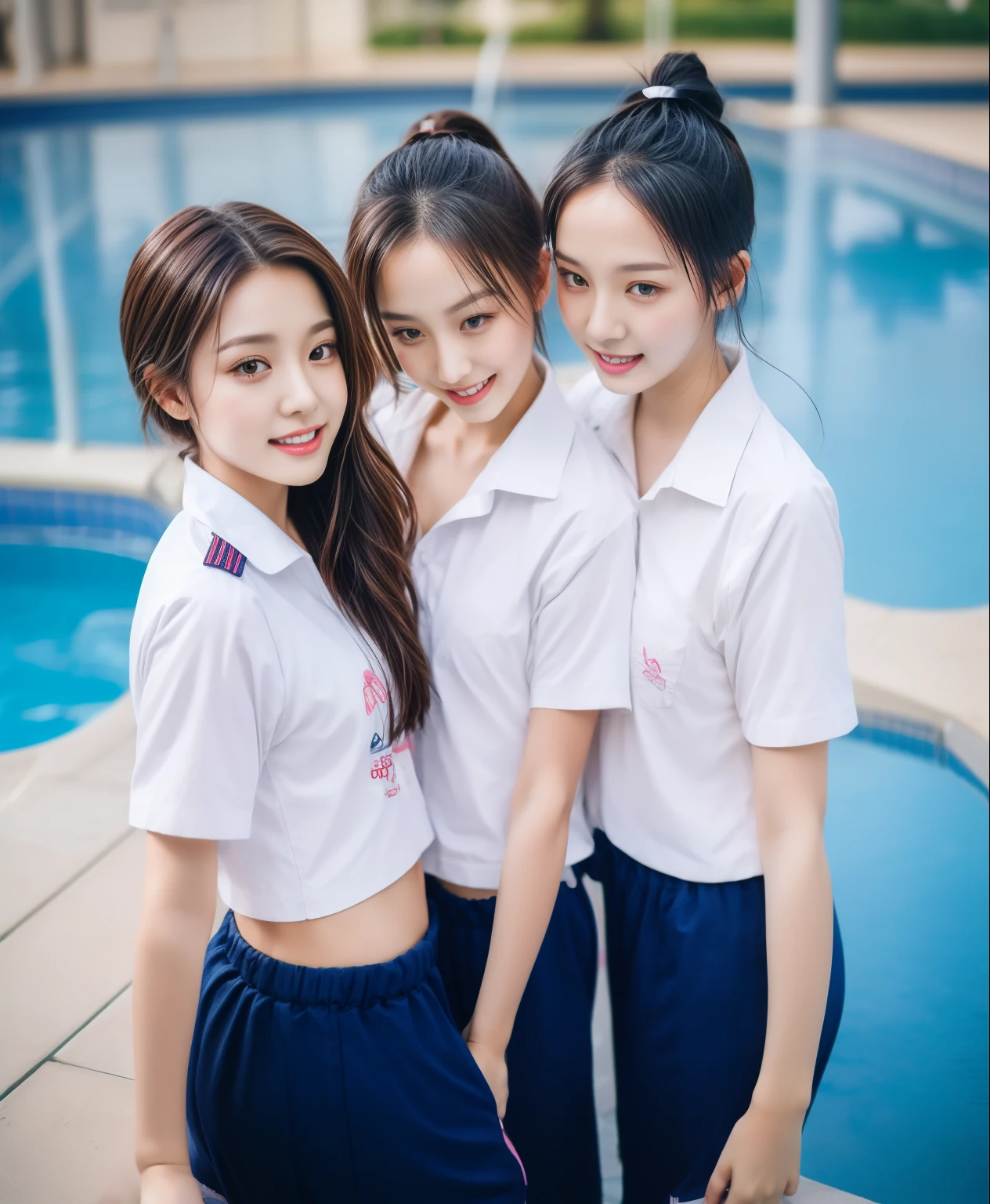 3 girls in the swimming pool, Navy blue short-sleeved shirt,Navy Long Trackpant,Sweatpants, Sweatpantsขายาว,25 year old girl, lesbian, sexy, exercise clothes, wet body, exercise clothes