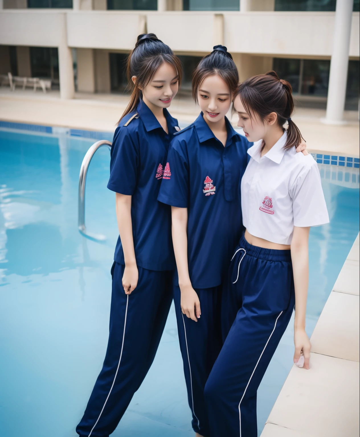 3 girls in the swimming pool, Navy blue short-sleeved shirt,Navy Long Trackpant,Sweatpants, Sweatpantsขายาว,25 year old girl, lesbian, sexy, exercise clothes, wet body, exercise clothes
