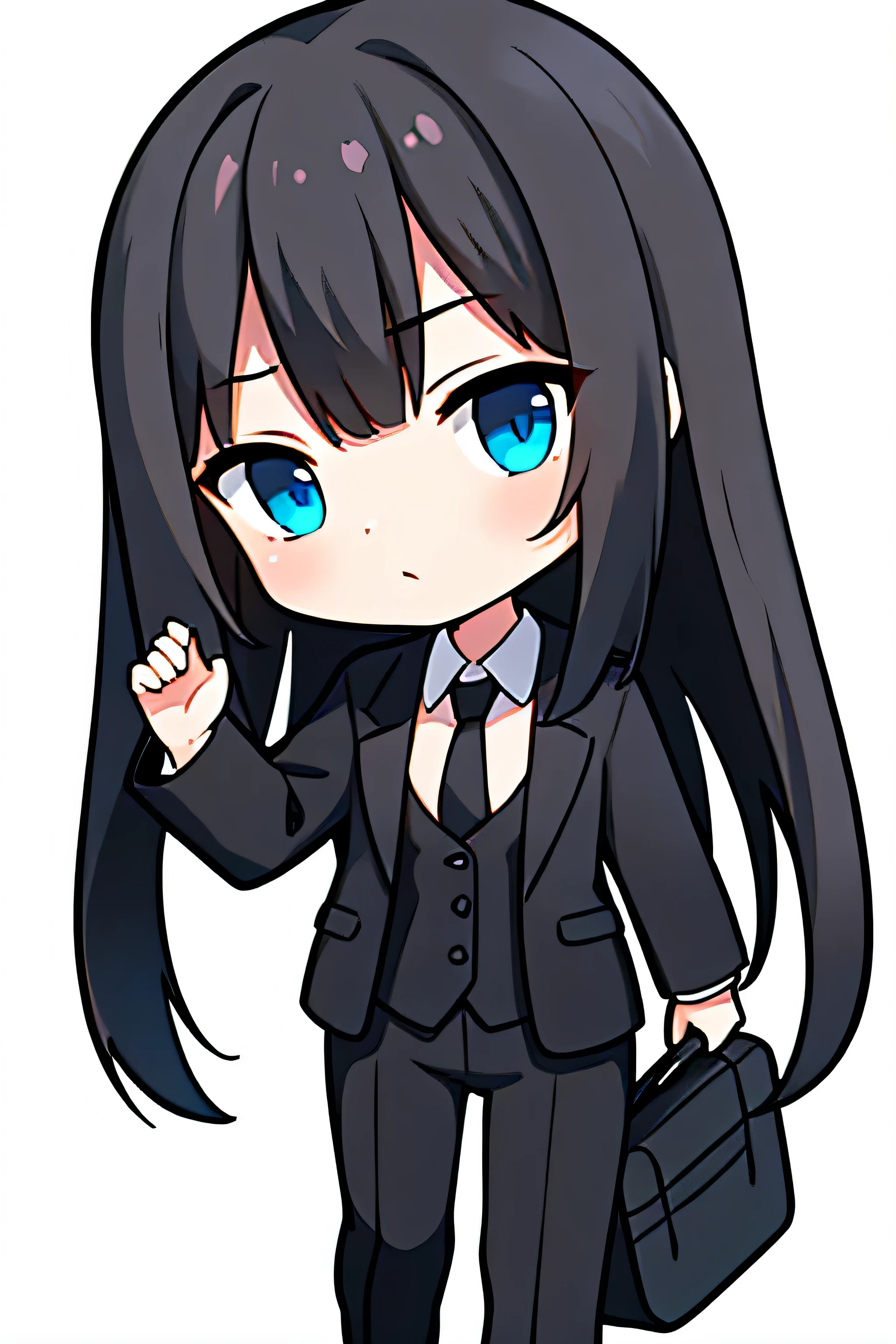 1girl, full body picture, long black hair, blue eyes, wearing plain black business suit, no undershirt, cleavage,( background, white background: 1.3), absurdres, high res, ultrasharp, 8K, masterpiece, looking at viewer