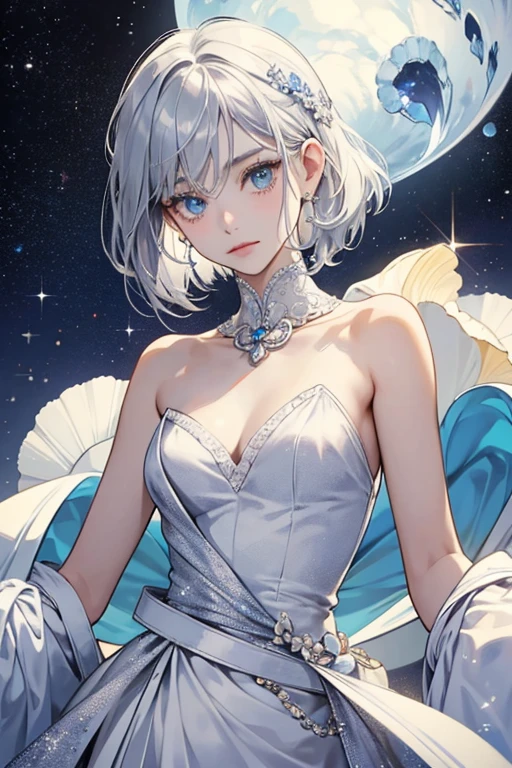  "An ethereal princess floating in space. She wears a gown made of shimmering stars, with a soft glowing aura surrounding her. Her expression is serene yet powerful, with deep eyes that reflect the wisdom of the cosmos. In the background, countless stars and a few bright galaxies are visible."