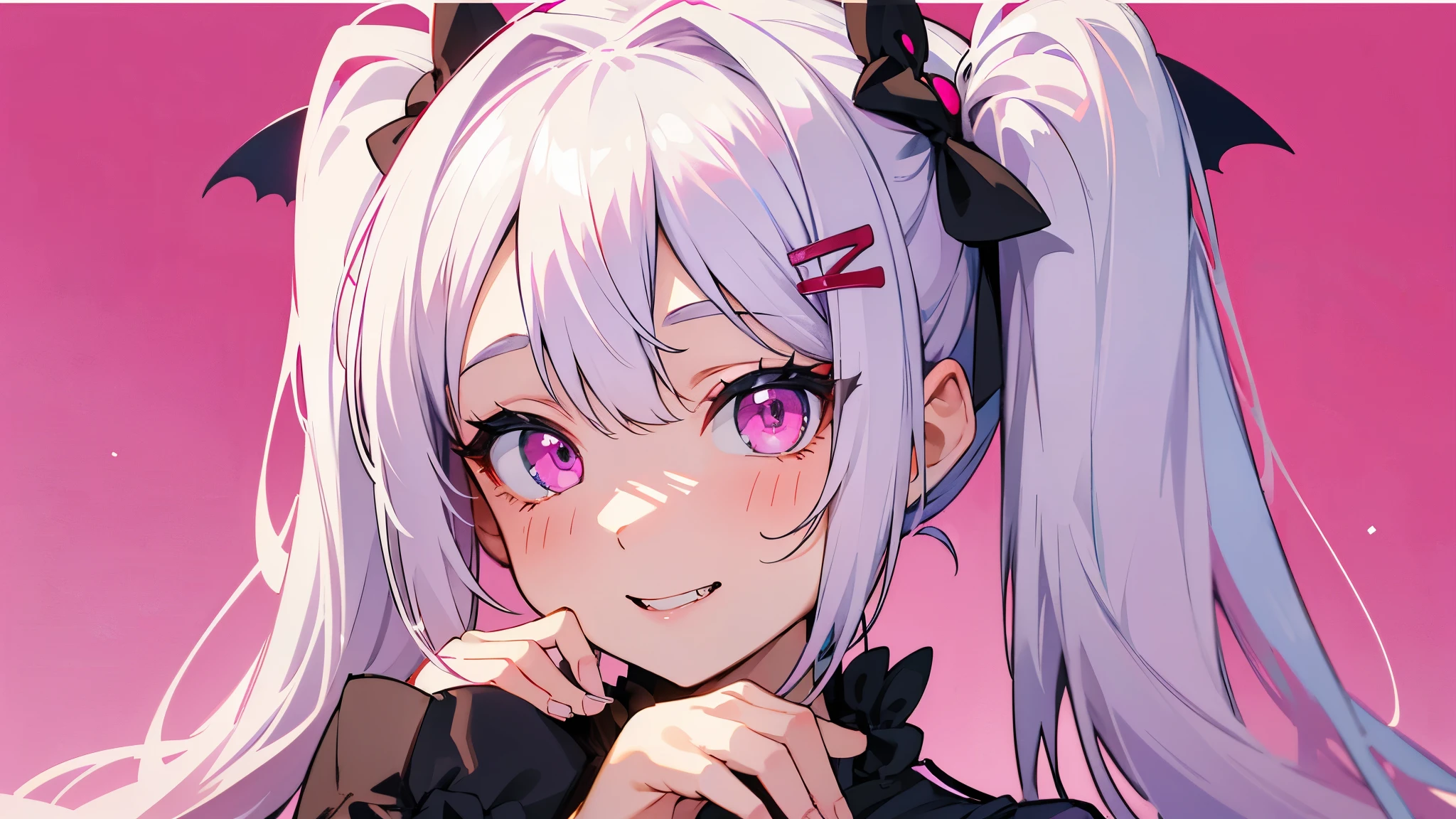 one girl, very beautiful face, beautiful eyes, detailed eyes, detailed face, detailed hair, masterpiece, anime girl, pink eyes, silver hair, , kawaii, two pony tails, hair pins, hair accessories, very young, big , pixiv, illustration, very high quality, masterpiece, vampire teeth, fangs, pink cheeks, looks at you, seductive smile, seductive, sitting on coach, pink background, sexy