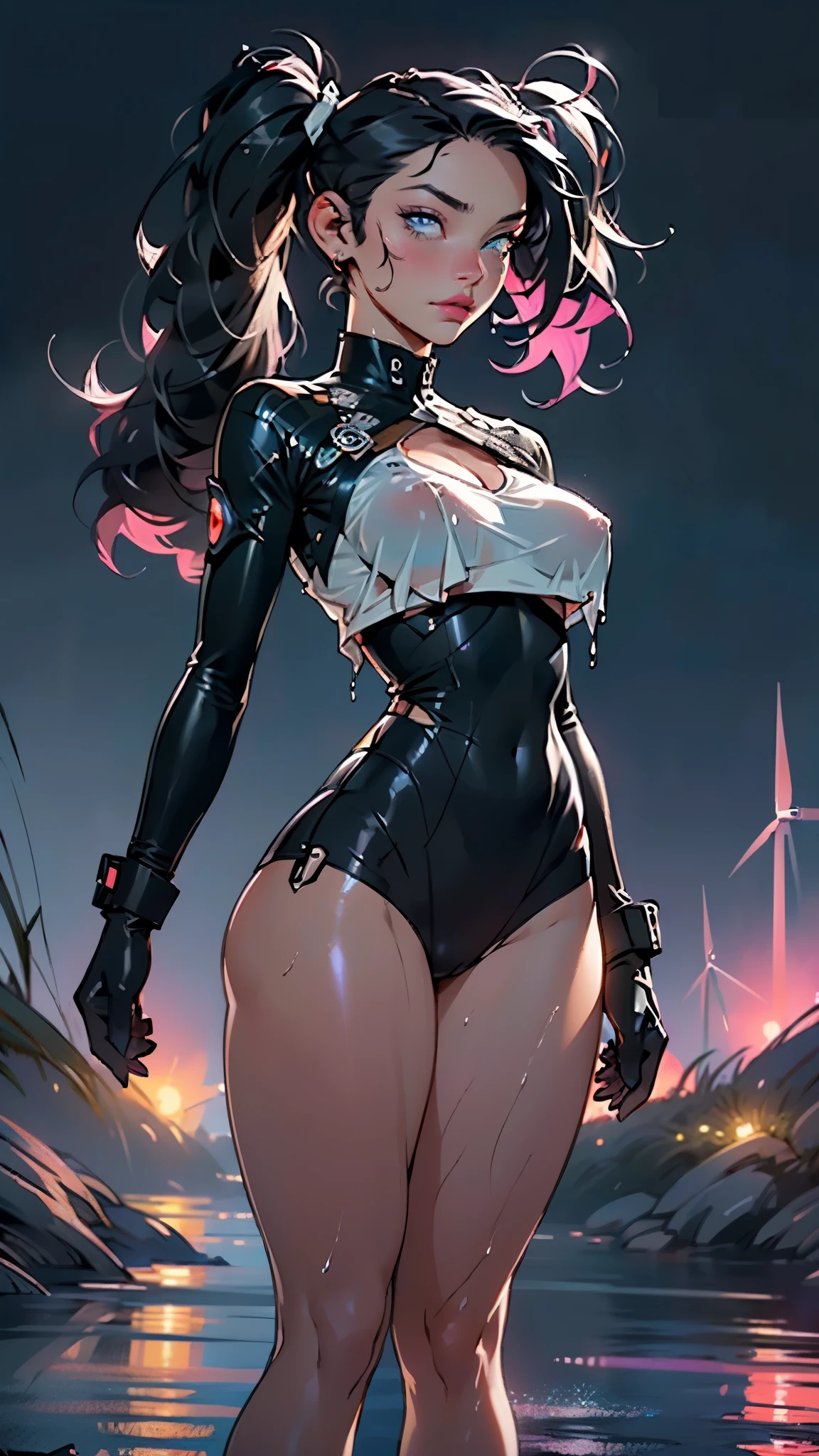 Girl,big curves,perfect body,(large breast:1.5),((black hair,dark hair)),(twintails:1.4,black twintails),vulgar, illuminated skin, glowing skin, very young,wet skin,Slender Abs:1.2, Wet Body:1.5, Highly Detailed Face and Skin Texture, Detailed Eyes, Double Eyelids, (((very Long Hair:1.2))),(((hair blowing in the wind:1.5,twintails blowing in the wind:1.5))),(((blue_eyes:1.3))),intricate eyes,beautiful detailed eyes,symmetrical eyes,big eyes:1.5,narrow waist, wide hips,(((lustrous skin:1.5,bright skin: 1.5,skin tanned,shiny skin,very shiny skin,shiny body,plastic glitter skin,exaggerated shiny skin,illuminated skin,wet legs))),(spider lower abdomen,narrow waist,wide hip,athletic body,inflated legs, thick thighs,detailed body,(detailed face)),
cute,slutty,seductive,erotic,(nsfw),
tiny clothes, show skin, micro bikini, nsfw, (slutty clothes:1.3), slut, evealing clothing,semi-naked,with little clothing,torn stockings, prostitute makeup,whore,(((wet clothes,intricate outfit,intricate clothes))),
(dynamic pose:1.0),solo focus,embarrassed,(centered,scale to fit dimensions,Rule of thirds),(a lot of wind),(wind that moves her hair and clothes:1.5),wet environment, ((hearts)),
cyberpunk city by the ocean at night, with bright neon signs and dark stormy clouds and puddles, scenery:1.25,nighttime, starry night, cosmos,Very dark night that makes the neon lights stand out, very bright neon lights,nighttime, starry night, cosmos,
artistic photography,(photography taken by sldr),highres, sharp focus,(ultra detailed, extremely detailed), (photorealistic artwork:1.37),(extremely detailed CG unity 8k wallpaper),((synthwave background theme)),(((vibrant colors))),intricate,(intricate background),(masterpiece),(best quality),perfect rendered face,perfect face details,realistic face,photo realistic,analog style,((intricate detail)),(((realism))),