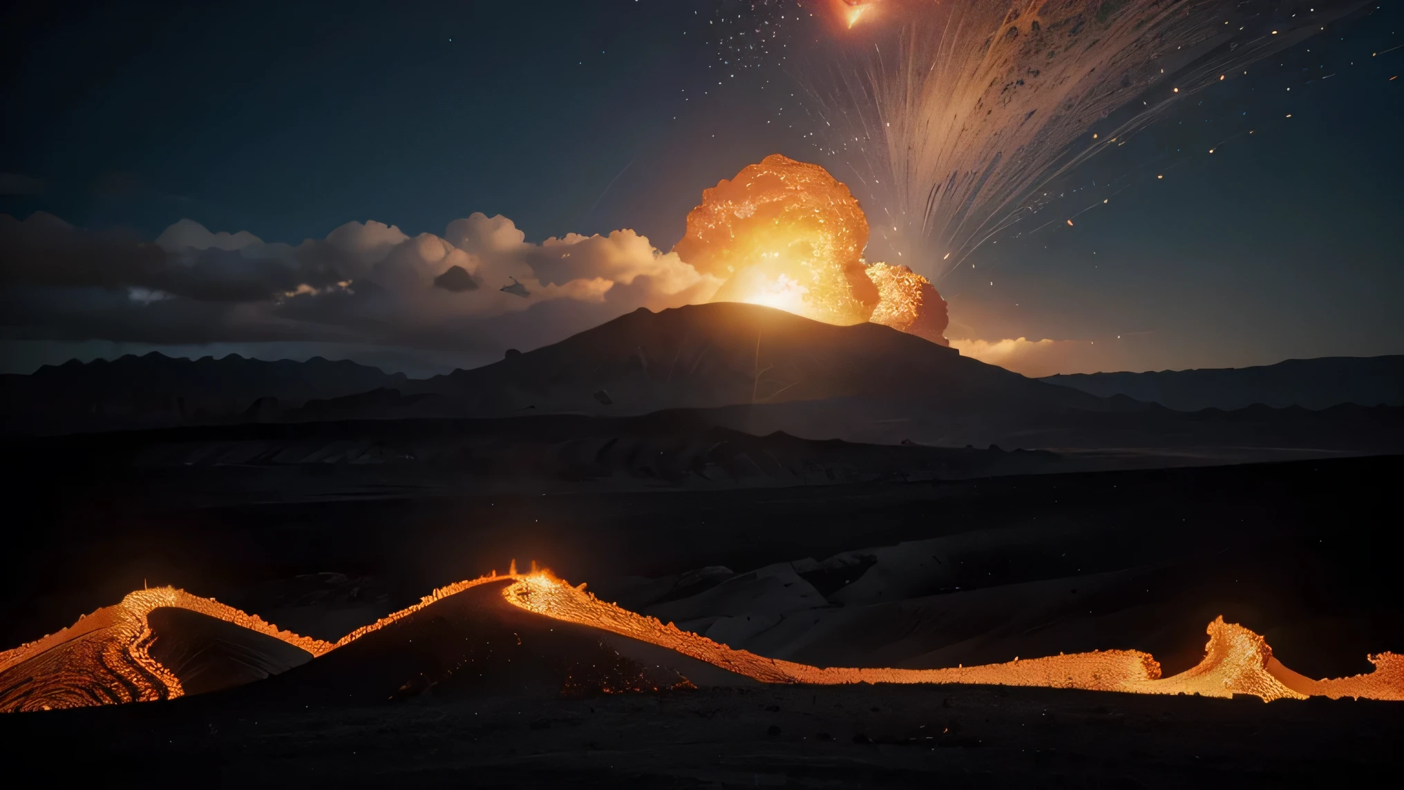Xyron,Volcanic Mountains,lava brilhante,vastos desertos,areia ardente,ambiente hostil,barren landscape,relentless heat,volcanic eruptions,Terreno perigoso,sol escaldante,Fluxos de lava,rocha derretida,brilho luminoso,Treacherous Journey,unforgiving conditions,vento quente,fiery sky,breathtaking landscapes,dramatic scenery,geological wonders,powerful forces of nature,Epic adventure,beleza infernal,vistas inspiradoras,(melhor qualidade,4k,8k,high resolution,obra de arte:1.2),ultra-detalhado,(realista,photorealista,photo-realista:1.37),HDR,Ultra HD,studio lighting,extreme detailed description,profissional,cores vivas,Bokeh,dystopian,contraste impressionante,dynamic composition,matizes intensos,dramatic lighting,atmosfera sinistra.