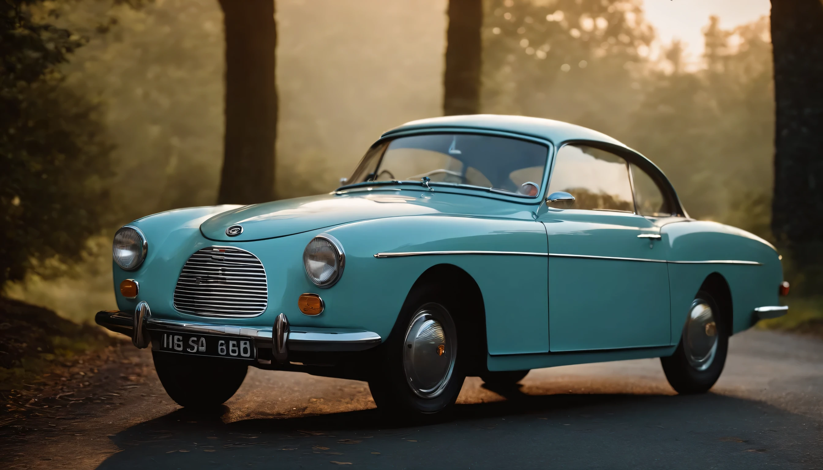 1960 classic saab, baby blue, mint condition, gradient background