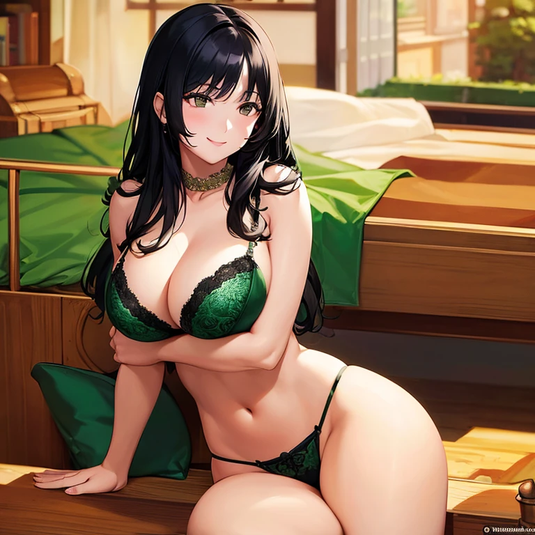 Black hair, brown eyes, large breasts, sexy, beautiful body, masterpiece, bedroom, green lingerie, green underwear, green bra, smile