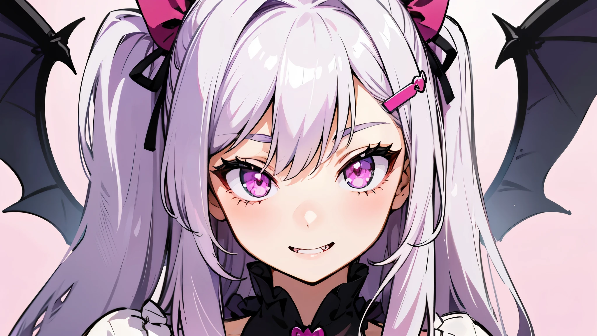 one girl, very beautiful face, beautiful eyes, detailed eyes, detailed face, detailed hair, masterpiece, anime girl, pink eyes, silver hair, , kawaii, two pony tails, hair pins, hair accessories, very young, big , pixiv, illustration, very high quality, masterpiece, vampire teeth, fangs, pink cheeks, looks at you, seductive smile, seductive, sitting on coach, pink background, sexy