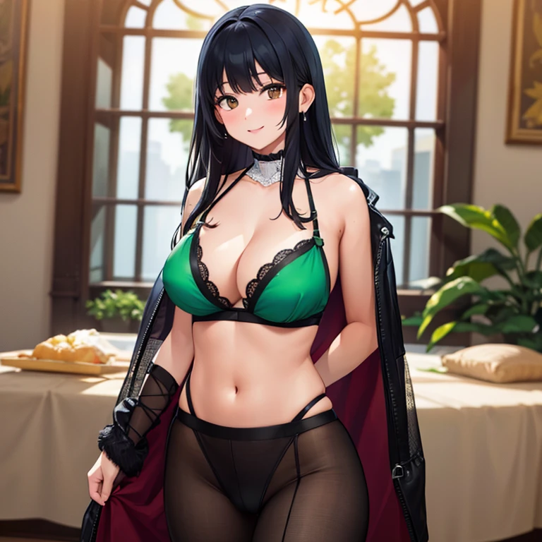 Black hair, brown eyes, large breasts, sexy, beautiful body, masterpiece, bedroom, green lingerie, green underwear, green bra, smile