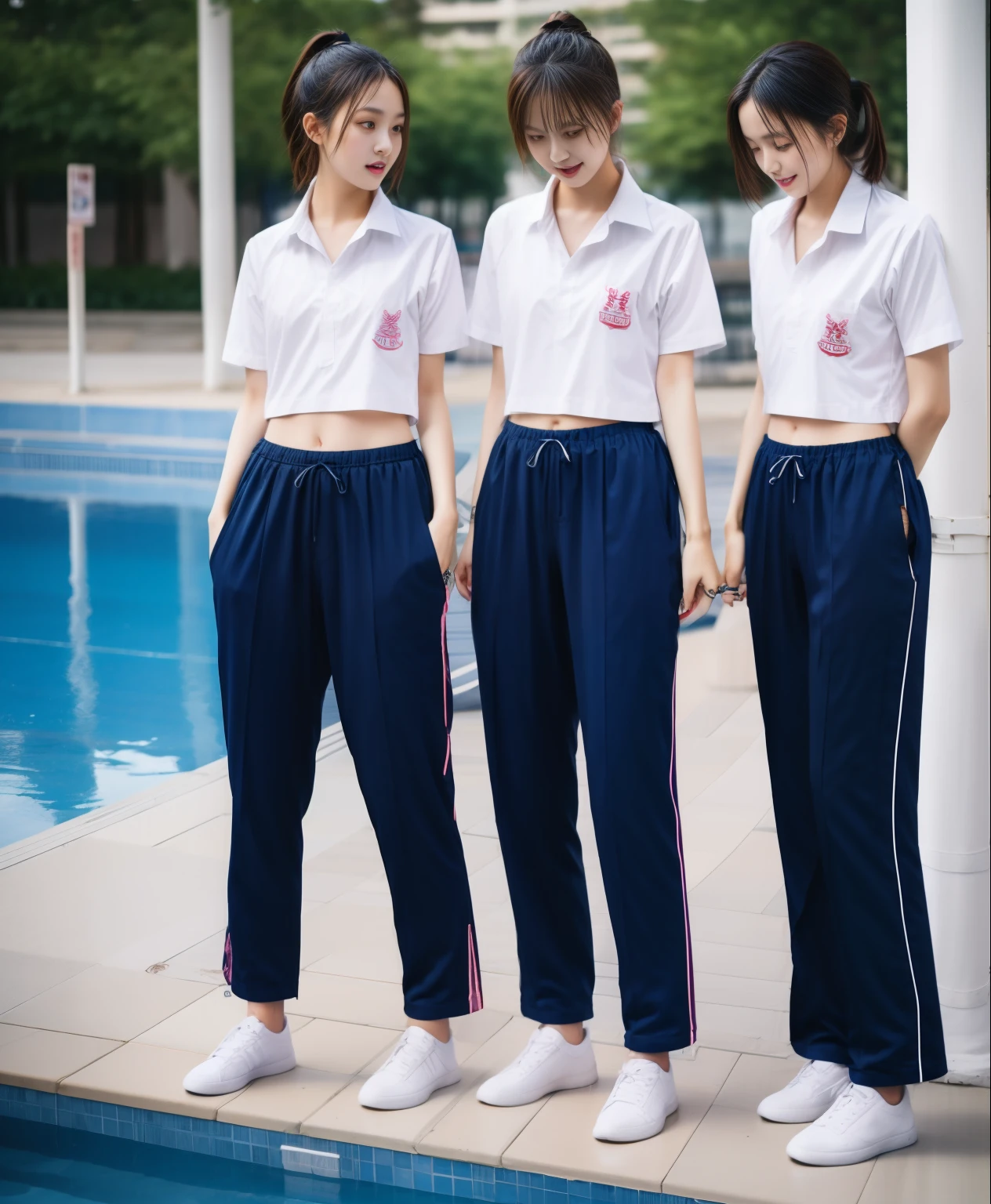 3 girls in the swimming pool, Navy blue short-sleeved shirt,Navy Long Trackpant,Sweatpants, Sweatpantsขายาว,25 year old girl, lesbian, sexy, exercise clothes, wet body, exercise clothes