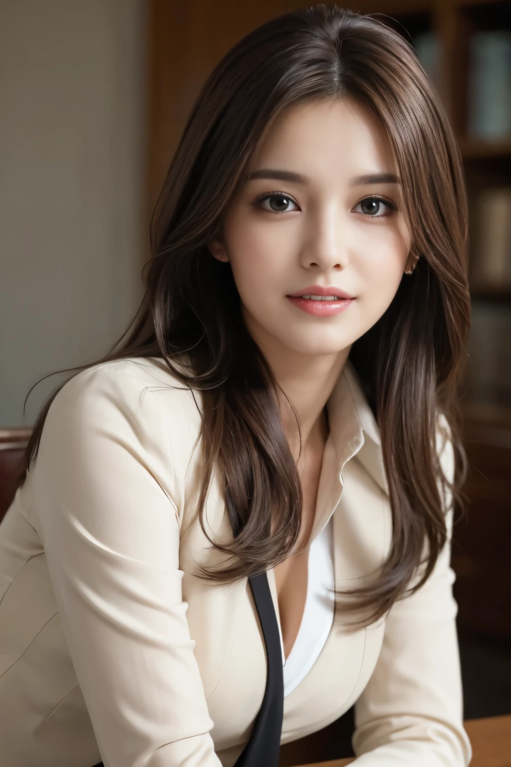 table top, highest quality, realistic, Super detailed, finely, High resolution, 8k wallpaper, 1 beautiful woman,, light brown messy hair, wearing a business suit, sharp focus, perfect dynamic composition, beautiful and detailed eyes, thin hair, Detailed realistic skin texture, smile, close-up portrait, model body shape