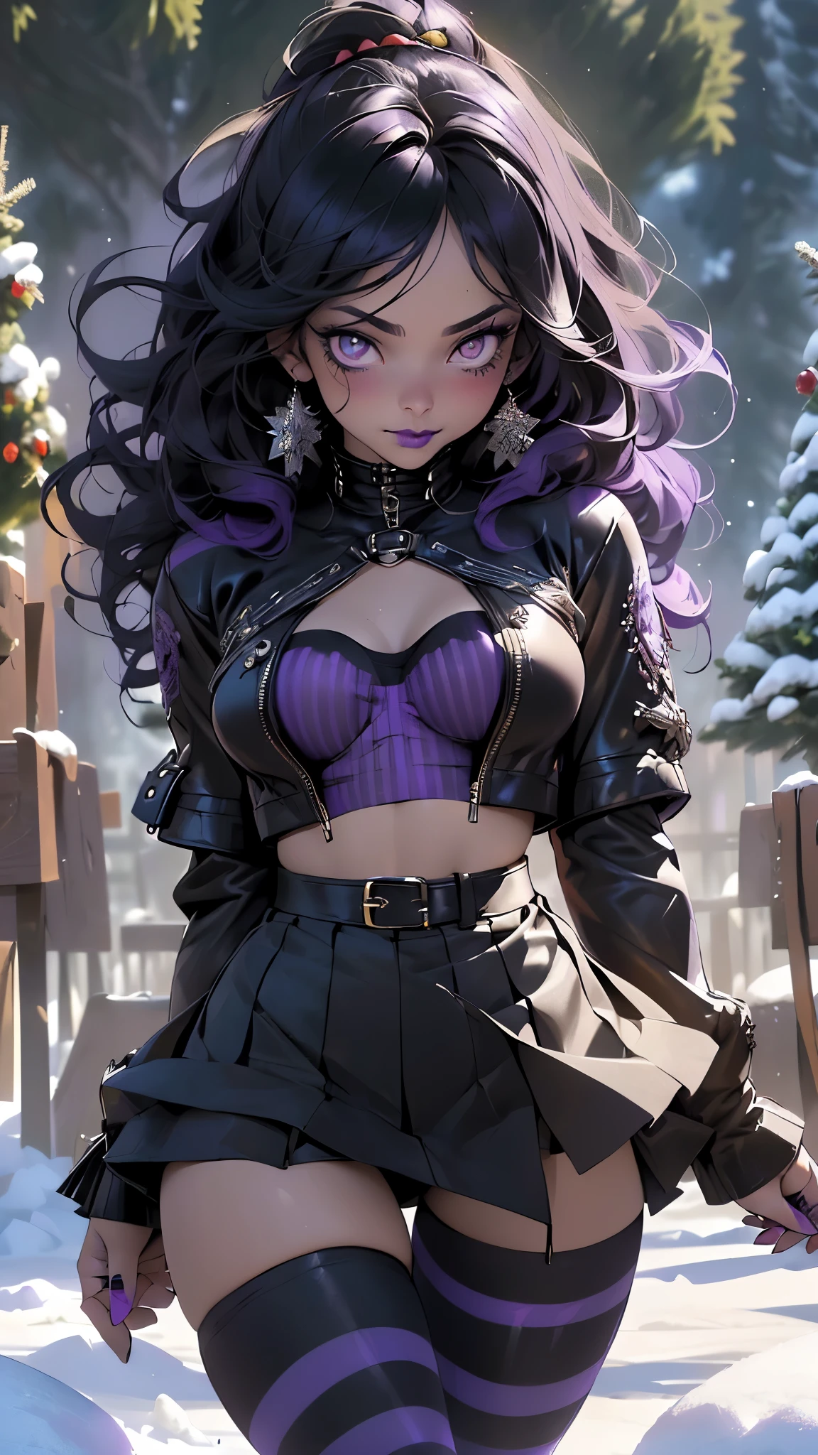 goth girl,1girl,((extremely cute and beautiful black haired anime goth girl)),(((16 years old))),(large breasts:1.2),((((black wavy hair:1.35,absurdly long unkempt hair,messy hair,colored inner hair,ear breathing)))),((heterochromia:1.5, (purple_eye and red_eye))),intricate eyes,beautiful detailed eyes,symmetrical eyes,Big eyes:1.5,((fat)),(((lustrous skin:1.5,bright skin: 1.5,skin tanned,shiny skin,very shiny skin,shiny body,plastic glitter skin,exaggerated shiny skin,illuminated skin))),(spider lower abdomen,narrow waist,wide hip,athletic body,inflated legs,thick thighs,detailed body,(detailed face)),

cute,slutty,seductive,erotic,(nsfw),

zettai ryouiki,revealing clothing,show skin,((printed T-shirt:1.3,bang spikes choker),(navel))),((black leather crop jacket:1.3)),(((micro skirt:1.5,(Extra-short leather skirt),black thong,Very tight thong outline a full shape)))),((purple striped tights:1.5)),(((Black Lips,Goth Accessories))),(((intricate outfit,intricate clothes,embroidered outfit,ornate outfit,embroidered clothes,ornate clothes))),

(dynamic pose:1.0),embarrassed,(centered,scale to fit dimensions,Rule of thirds),

((snowy pine forest)),winter,scenery:1.25,((intricate scenery)),((snow forest background)),(Christmas tree:1.5),

(Glossy winter ornaments),highres,sharp focus,(ultra detailed,extremely detailed),(photorealistic artwork:1.37),(extremely detailed CG unity 8k wallpaper),(((vibrant colors,vibrant theme))),(intricate),(masterpiece),(best quality),
