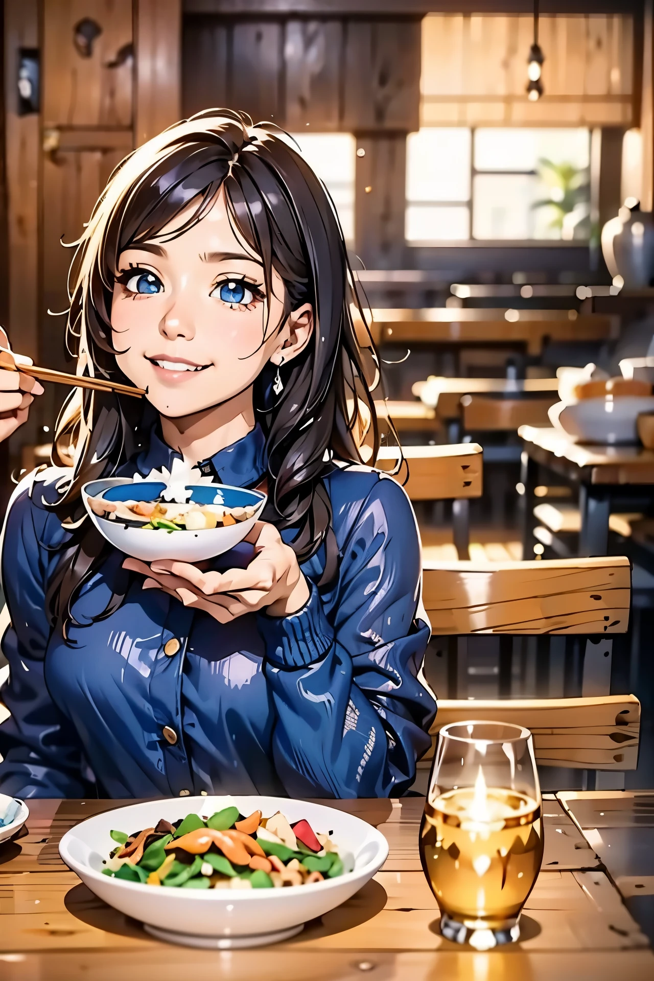 (table top), sexy、Natural light, realistic diffused light、, professional lighting、shine a spotlight on a person、Big eyes、eyes are blue、blonde、Russian、Eating rice with chopsticks、left hand holds a bowl、The background is the cafeteria、smile、