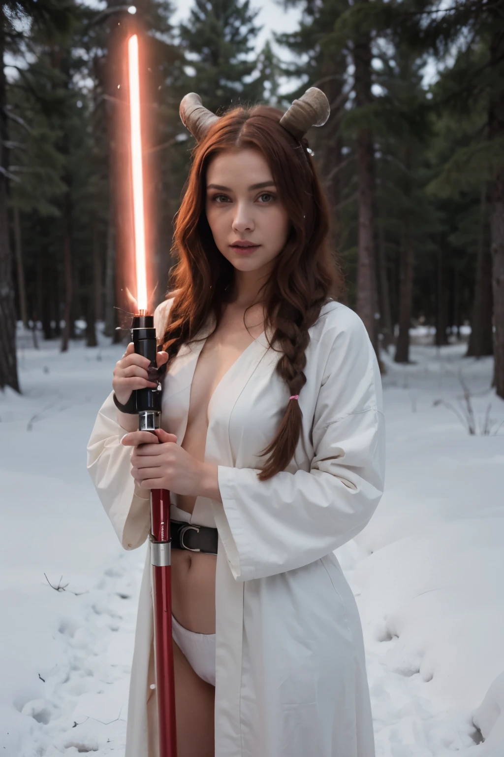 female anthro alien, short chanel red hair, pink eyes, pink energy, as a star wars sith character, light saber, white sith robes, two large cone-like horns called montrals atop their skull, and three lekku, also known as headtails, that sprouted downward, in a snow forest at night