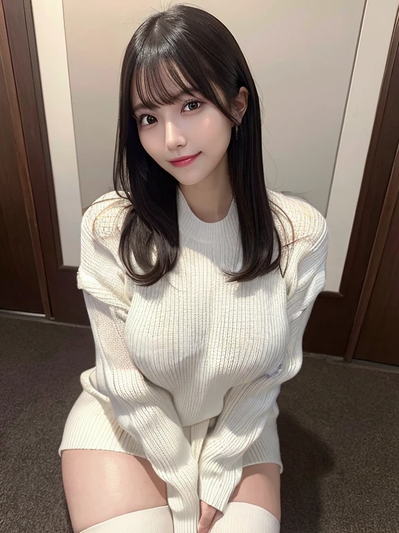 ((masterpiece)), (realistic: 1.2) masterpiece, 最high quality, high quality,High resolution,white skin,perfect body, 最high quality, ultra detail,(big breasts,big breasts,show your skin), mature,beautiful, black hair, long hair, With bangs,10th generation,sweater,over knee socks,glowing skin,Bewitching,thighs,feet, very detailed, smile,parted lips