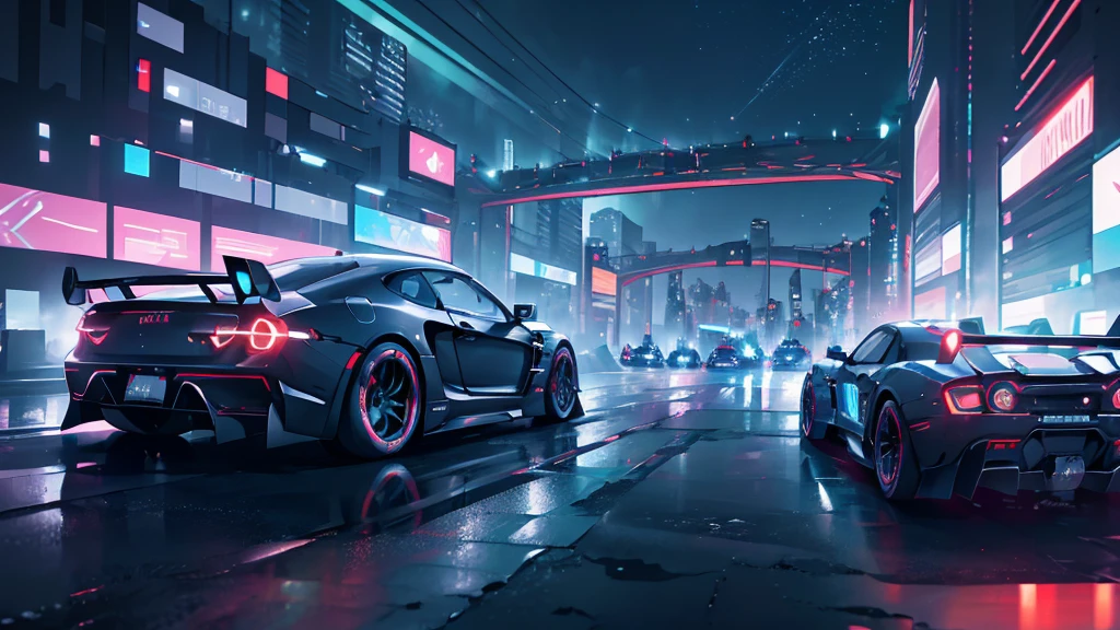 (black supercar, , car racing), (cyberpunk city, blue neon, starry sky, northern lights), (8k, extremaly detailed, lighting like a movie, lense flares)