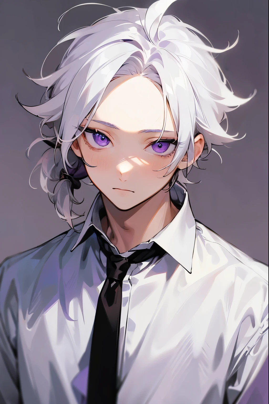 (1 boy, messy hair, white hair, middle part hairstyles, semi realism, purple eyes, no hair in forehead, white shirt)