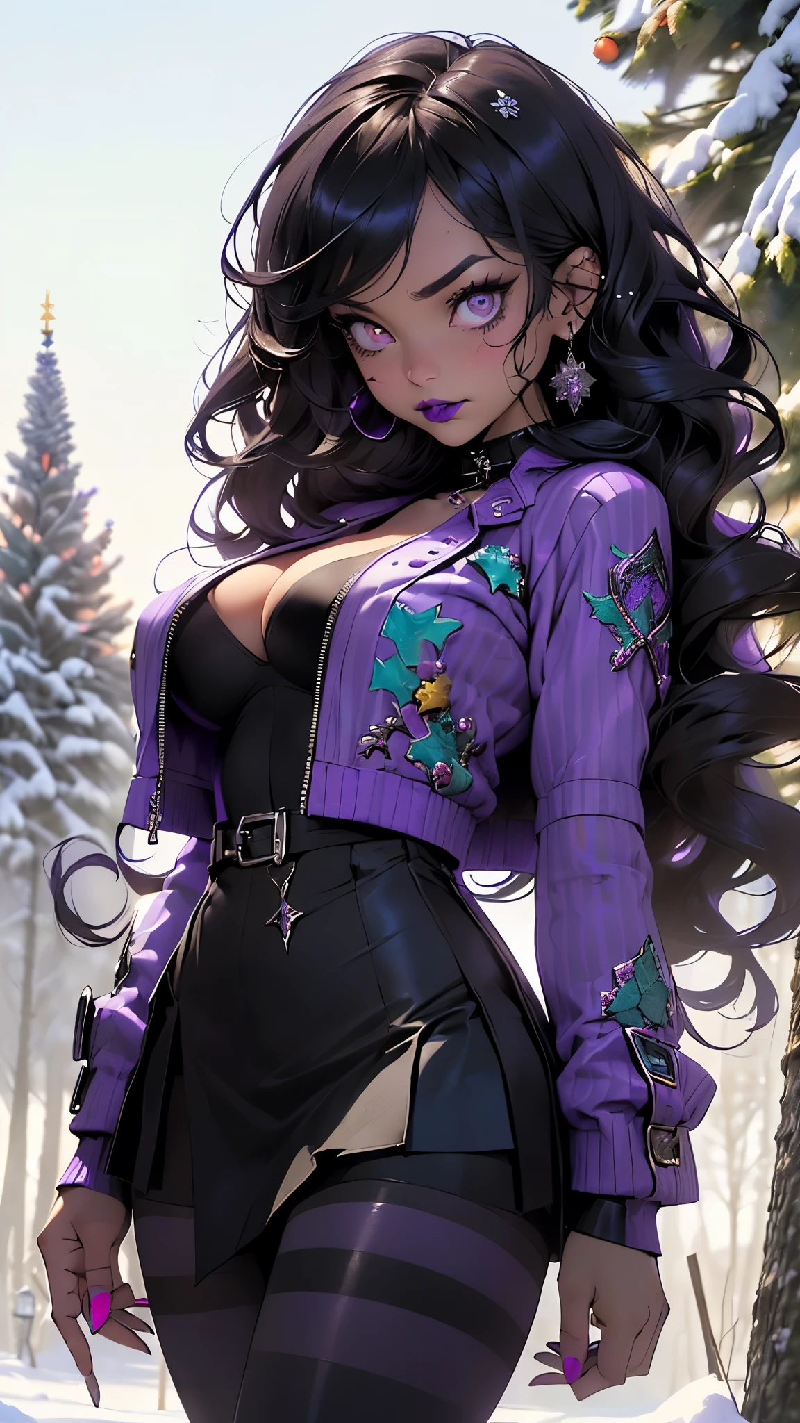 goth girl,1girl,((extremely cute and beautiful black haired anime goth girl)),(((************))),(large breasts:1.2),((((black wavy hair:1.35,absurdly long unkempt hair,messy hair,colored inner hair,ear breathing)))),((heterochromia:1.5, (purple_eye and red_eye))),intricate eyes,beautiful detailed eyes,symmetrical eyes,Big eyes:1.5,((fat)),(((lustrous skin:1.5,bright skin: 1.5,skin tanned,shiny skin,very shiny skin,shiny body,plastic glitter skin,exaggerated shiny skin,illuminated skin))),(spider lower abdomen,narrow waist,wide hip,athletic body,inflated legs,thick thighs,detailed body,(detailed face)),

cute,slutty,seductive,erotic,(nsfw),

zettai ryouiki,revealing clothing,show skin,((printed T-shirt:1.3,bang spikes choker),(navel))),((black leather crop jacket:1.3)),(((micro skirt:1.5,(Extra-short leather skirt),black thong,Very tight thong outline a full shape)))),((purple striped tights:1.5)),(((Black Lips,Goth Accessories))),(((intricate outfit,intricate clothes,embroidered outfit,ornate outfit,embroidered clothes,ornate clothes))),

(dynamic pose:1.0),embarrassed,(centered,scale to fit dimensions,Rule of thirds),

((snowy pine forest)),winter,scenery:1.25,((intricate scenery)),((snow forest background)),(Christmas tree:1.5),

(Glossy winter ornaments),highres,sharp focus,(ultra detailed,extremely detailed),(photorealistic artwork:1.37),(extremely detailed CG unity 8k wallpaper),(((vibrant colors,vibrant theme))),(intricate),(masterpiece),(best quality),
