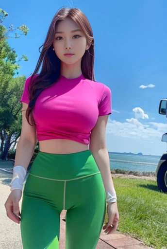 Ultra-detailed, high resolution, (actual, actual: 1.4), 8k, (best quality), Physically based rendering, photoactual photos, Professional color correction, best quality, green and pink leggings, whole body, short length T-shirt, slim, 20-year-old female model,