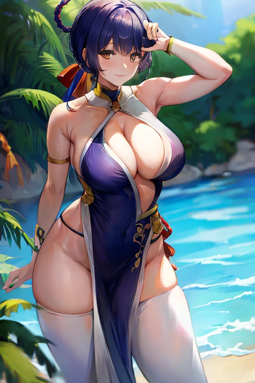 masterpiece, high resolution, best quality, beautiful art, rendered art, well formed body, hands and fingers, 1 woman, solo, Xiangling (30 years old) adult, grown up, big breasted, cleavage, blue_japanese_clothes, sexy outfit, sleeveless, white stockings, alluring body, full body, sexy legs, hips and thighs, she is doing exercise, warming up, sexy training, sexy moves, sweating, smiling joyfully, bouncing breasts, training session montage, beach background