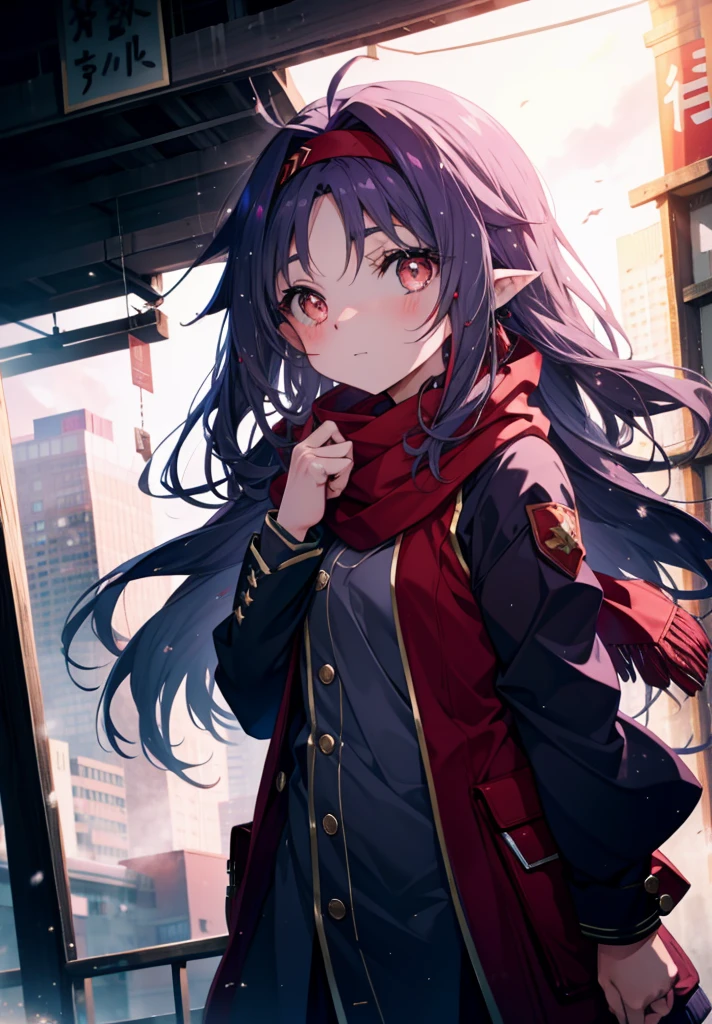 Yuki Konno, Yuki Konno, hair band, long hair, pointy ears, purple hair, (red eyes:1.5), (small breasts:1.2),scarf, Pink long coat,sweater,short denim pants,black pantyhose,short boots,Breaks down at the sight of the viewer., Upper body, whole body,
rest outdoors, city,winter,Crush the falling snow (masterpiece:1.2), highest quality, High resolution, unity 8k wallpaper, (shape:0.8), (beautiful and detailed eyes:1.6), highly detailed face, perfect lighting, Very detailed CG, (perfect hands, perfect anatomy),