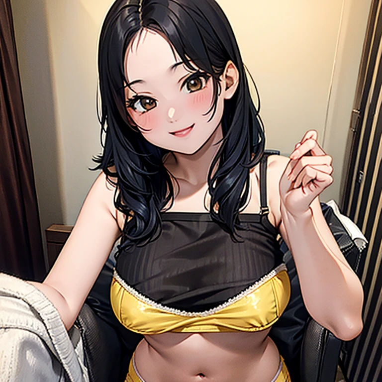 Black hair, brown eyes, large breasts, sexy, beautiful body, masterpiece, bedroom, yellow lingerie, yellow underwear, yellow bra, smile