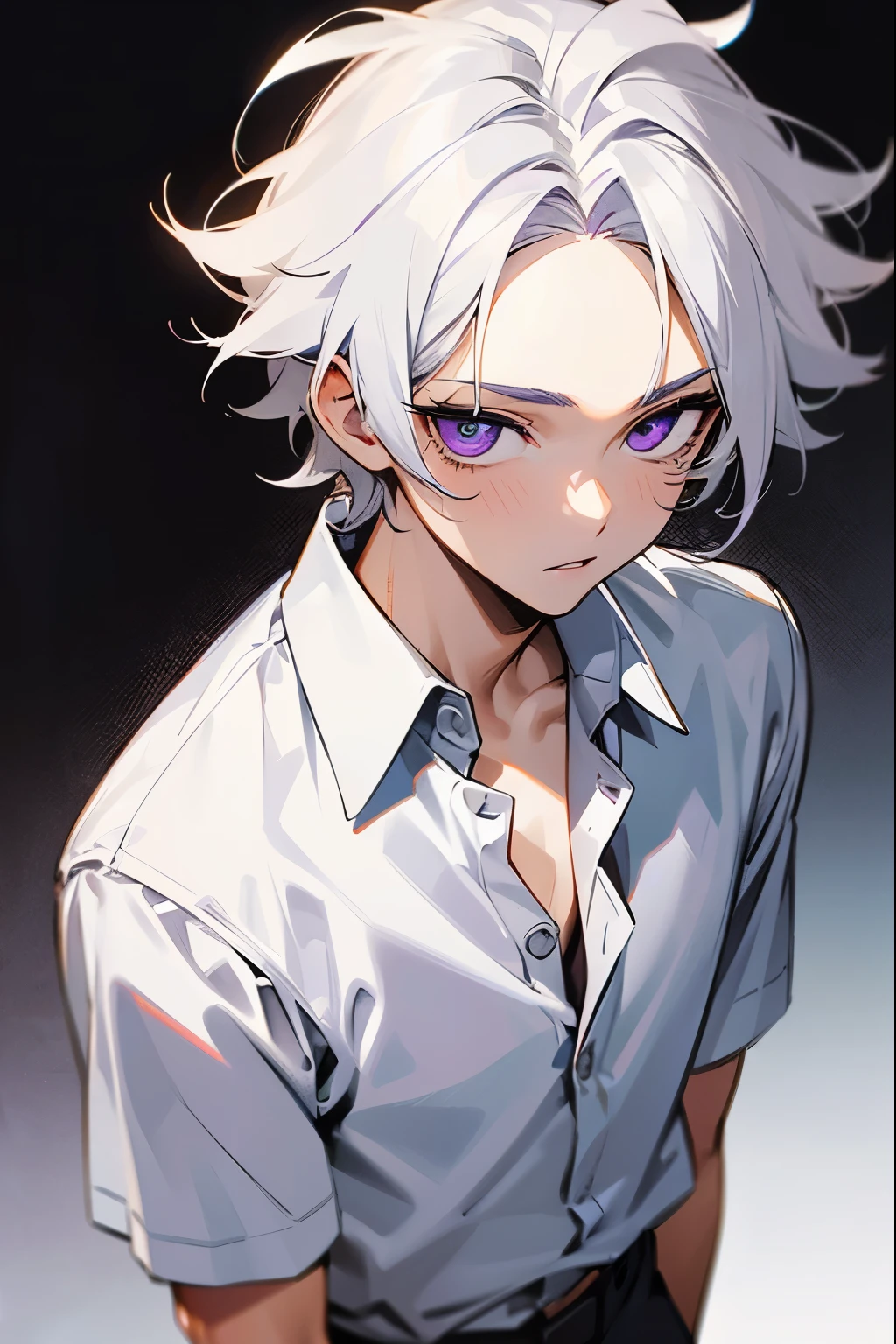 (1 boy, super messy hair, white hair, middle part hairstyles, semi realism, purple eyes, no hair in forehead, white shirt)