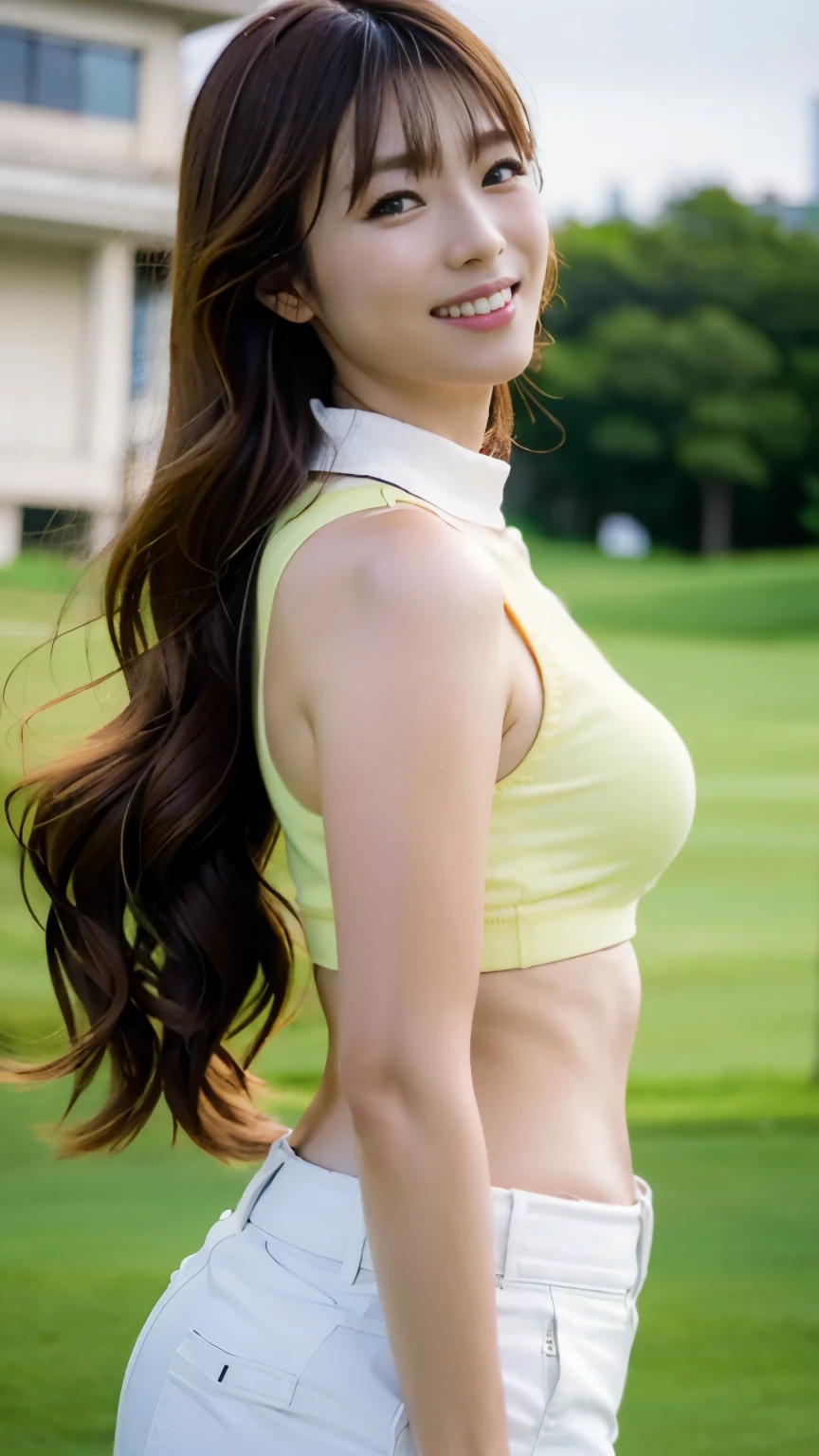 (((perfect anatomy))),(((A beautiful professional golfer in her 20s holds a driver in both hands and relaxes in front of a large gallery on the first hole of a golf course on a hot summer day, enlivening the venue with her best smile and captivating the audience.))),She is wearing a short-sleeved collared polo shirt, a tight miniskirt, and golf shoes, holding a driver and standing with her knees together next to her caddy bag, looking up at the sky.,(((Ulsan-6500))),(((Beautiful background bokeh with deep depth of field created by Hasselblad))),Sexy cinched waist and upward hips,masterpiece,highest quality,ultra high resolution,High detailed profile portrait,tall nose and beautiful face,limbs like a model,The fair-skinned nape of the neck is dazzling,(((Her slender waist and slender hips are a beauty that captivates viewers.))),large caddy bag for tournaments,((Full body photo taken from a low position on the side)),cute 20 year old,She has long beautiful shiny chestnut hair and is very cute.,(Her proud F cup breasts shine),long eyelashes and large eyes,,Clear double eyelids,((Glossy thick lips)),perfect anatomy,