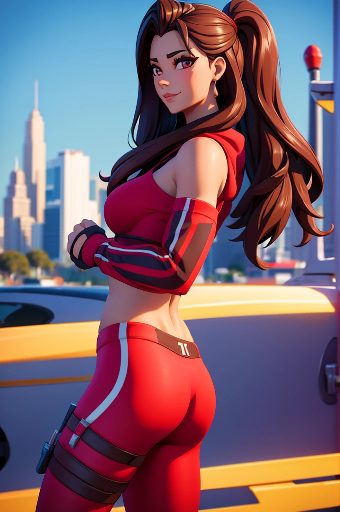 Ruby , (fortnite),1girl, solo, long hair, looking at viewer, smile, breasts, city background, butt, bare shoulders, tight shirt, closed mouth, portrait, red sweatshirt, skin tight pants, red sports pants, seductive, realistic, best quality, masterpiece, ultra detail, ultra high res, extreme detail, 8k, uhd