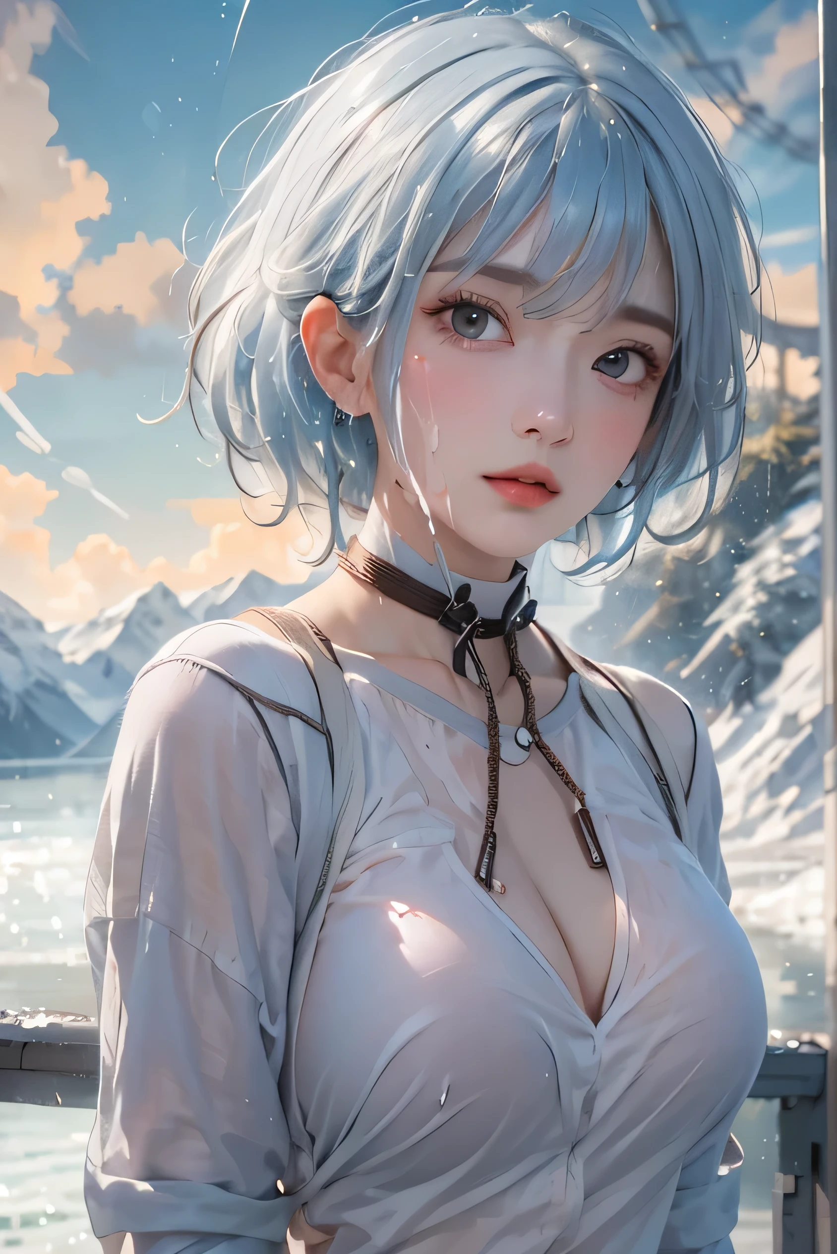 (photorealistic:1.3, highest quality:1.3,8Kmasterpiece, masterpiece:1.3,High resolution,muste piece:1.2),23 year old woman,,(white leotard:1.3,choker), Clean wet skin, (looking at the camera:1.2),angle(Photo seen from below side:1.3),(short hair:1.2,bright blue hair:1.5), (blushing:1.3,embarrassing:1.1), (full of sweat:1.1),Red rope,(rope bondage,Shibari:1.6, chest bondage:1.5),Pause(足を広げた大胆なPause,ダイナミックPause:1.2),background(snow scene,snow mountain:1.3, sunrise:1.3),(Wet clothes stuck to my skin:1.4),(Nipples visible through clothing),(genitals visible through clothing),(Butt visible through clothes),(slender, abs:1.2),(young skinny gravure idol, sophisticated gravure idol),(detailed perfect face),normal hands:1.5,normal finger:1:5,normal feet:1.5,(cameltoe)