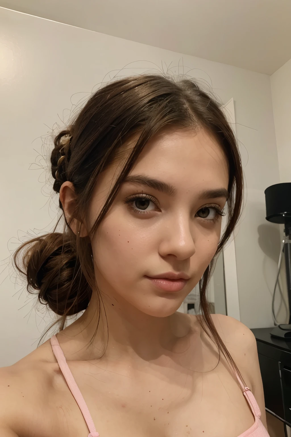 Brown hair girl with clear look hairstyle pink ribbon around hair tied, ojos marrones, bonito maquillaje, labios medianos, In his bedroom. Selfie para Instagram. Cejas gruesas y pecas en la cara.😓 