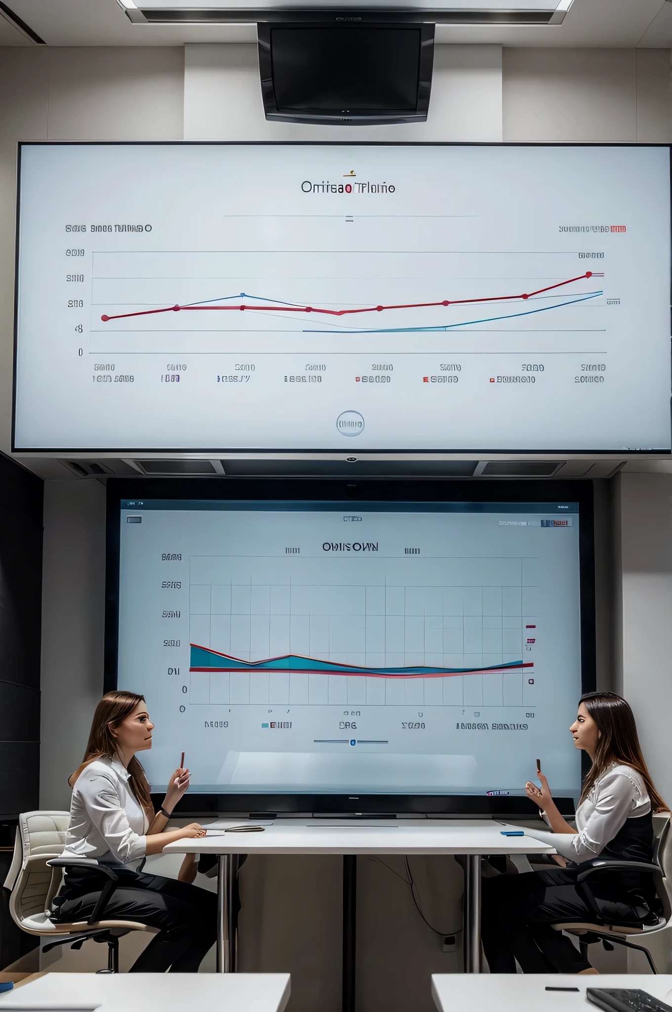 Business meeting in a white office with a big screen and a big table showing an upscale chart.
