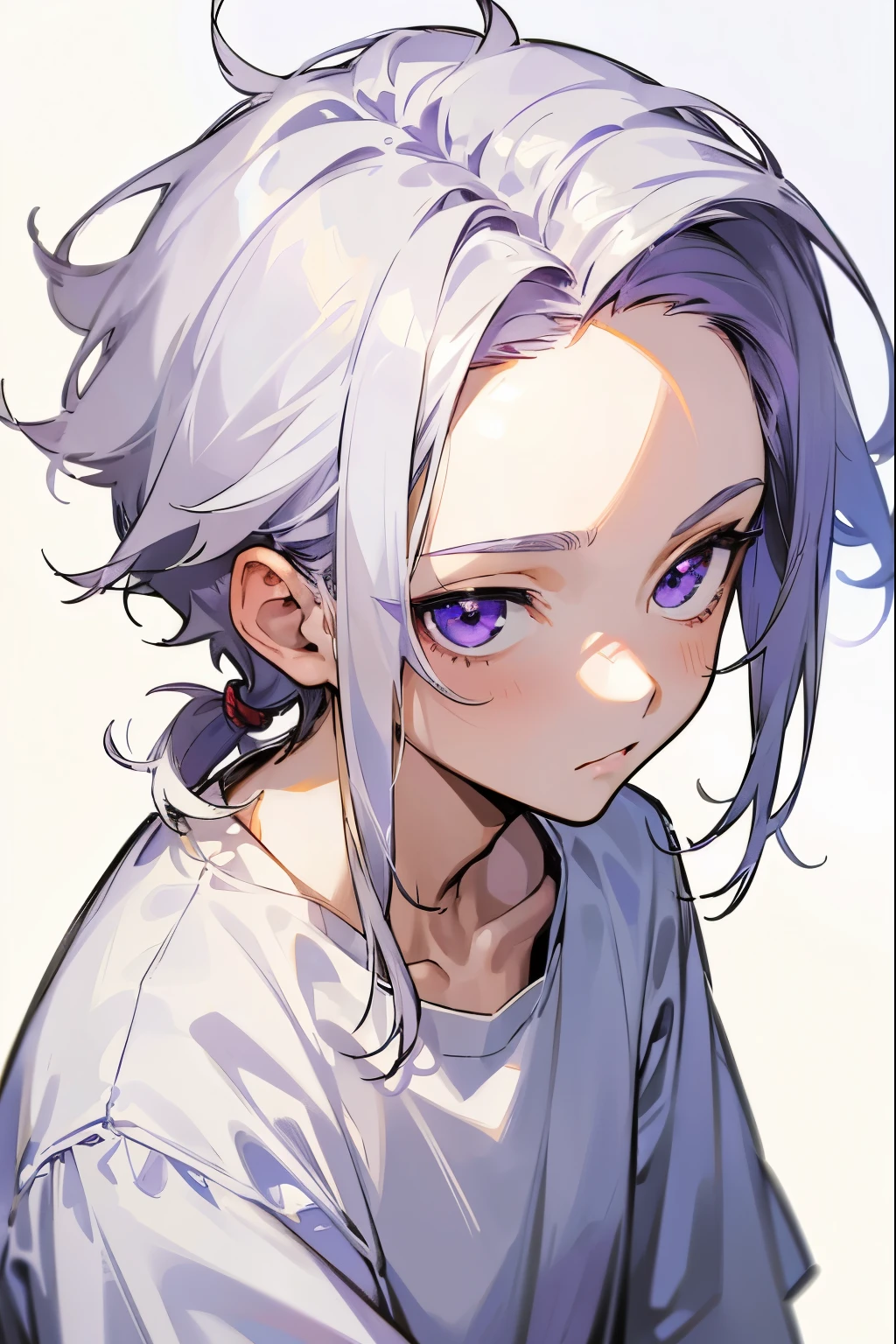 (1 boy, super short messy hair, white hair, middle part hairstyles, semi realism, purple eyes, no hair in forehead, white shirt)