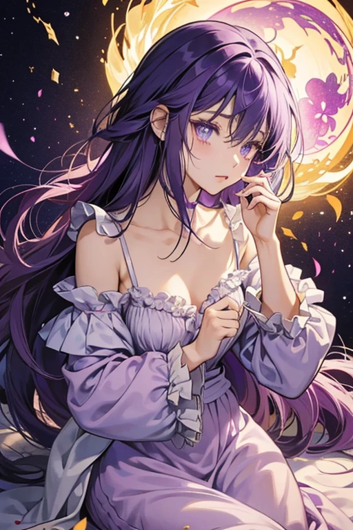 Onion Cookie is a tiny Cookie with medium, yellow-toned SKIN. She has long amaranth deep purple hair cut bluntly at its ends with a lilac inner layer and outer streaks of the same color. She has teary indigo eyes and a simple white nightgown made of multiple frilled layers. GLITTER