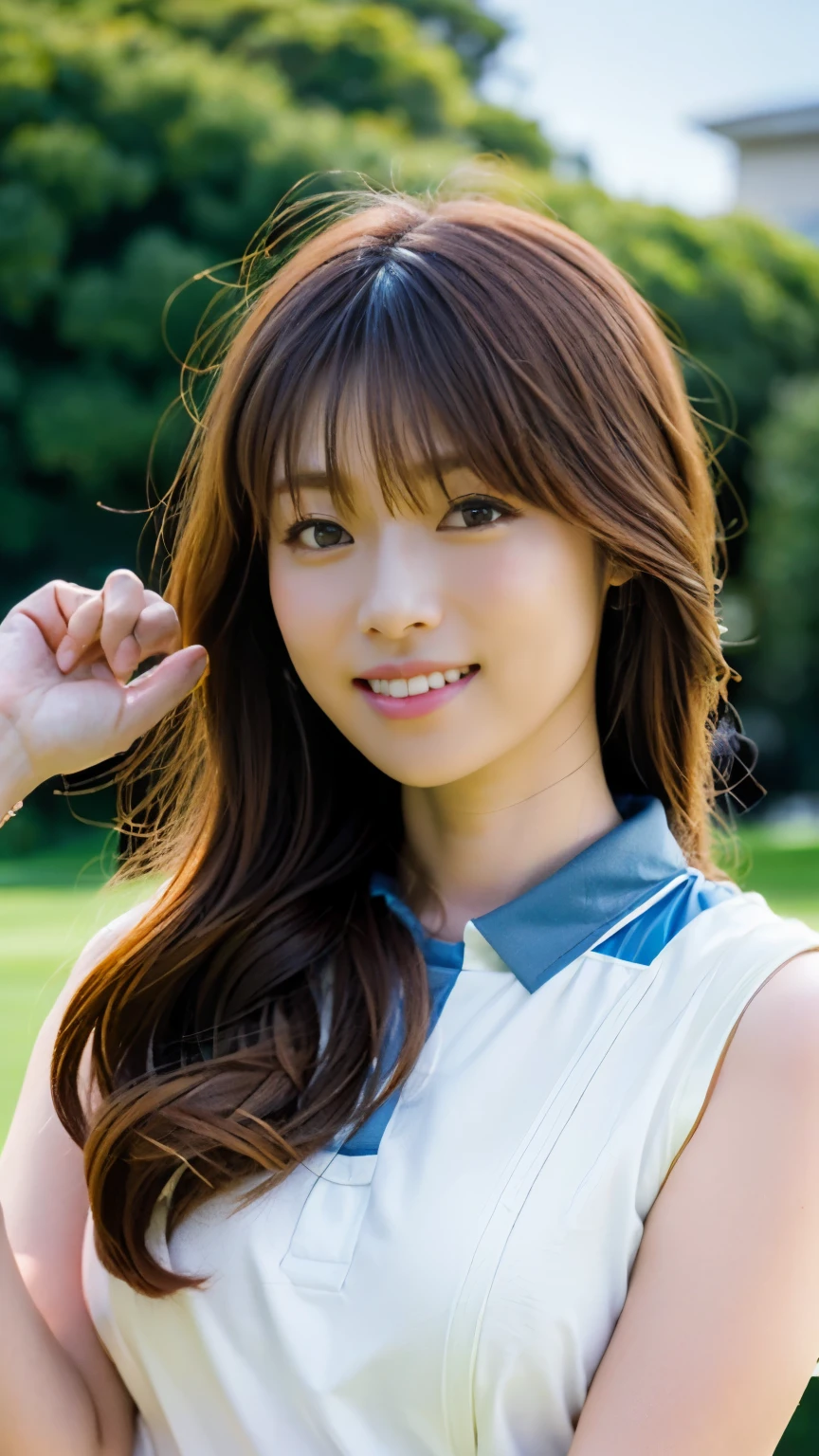 (((perfect anatomy))),(((A beautiful professional golfer in her 20s holds an iron in both hands in front of a large gallery on the first hole of a golf course on a hot summer day, relaxing and charming the large audience with her best smile.))),Wearing a short-sleeved collared polo shirt, a fluttery miniskirt, and golf shoes, she is holding a driver and standing with her knees together next to her caddy bag, looking up at the sky.,(((Ulsan-6500))),(((Beautiful background bokeh with deep depth of field created by Hasselblad))),Sexy cinched waist and upward hips,masterpiece,highest quality,ultra high resolution,High detailed profile portrait,tall nose and beautiful face,limbs like a model,The fair-skinned nape of the neck is dazzling,(((Her slender waist and slender hips are a beauty that captivates viewers.))),large caddy bag for tournaments,((Full body photo taken from a low position on the side)),cute 20 year old,She has long beautiful shiny chestnut hair and is very cute.,(Her proud F cup breasts shine),long eyelashes and large eyes,,Clear double eyelids,((Glossy thick lips)),perfect anatomy,