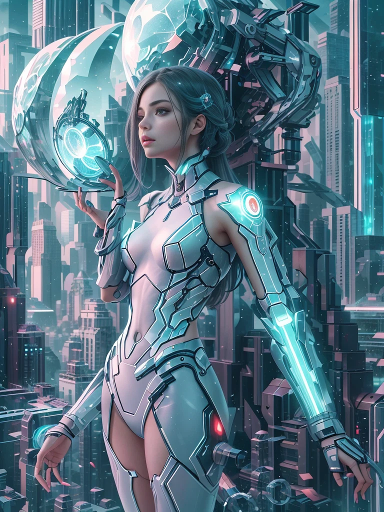 Translucent ethereal mechanical girl，Futuristic girl，Mechanical joints，futuristic urban background